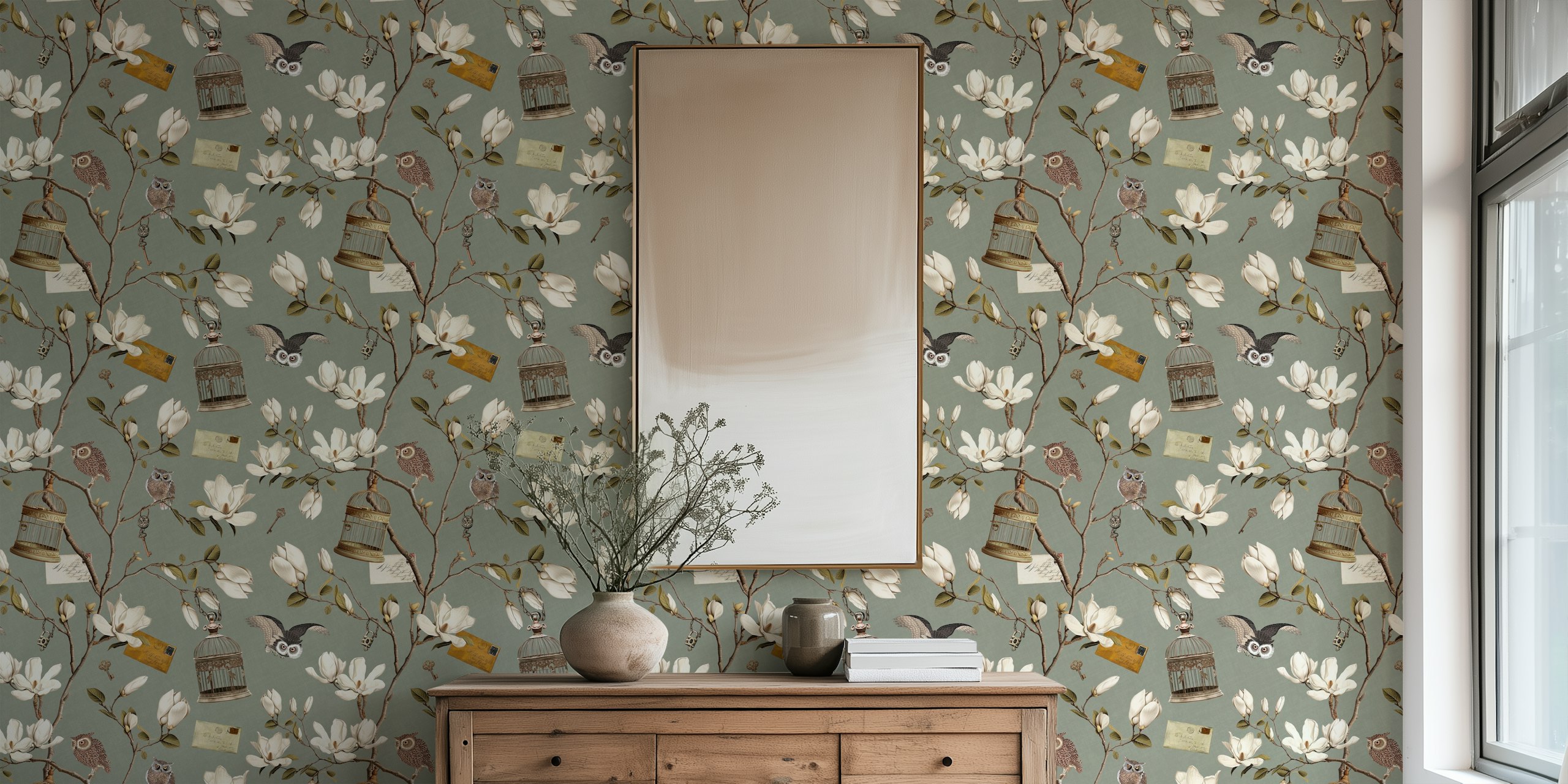 Magnolia branches with owls and vintage elements in green wallpaper