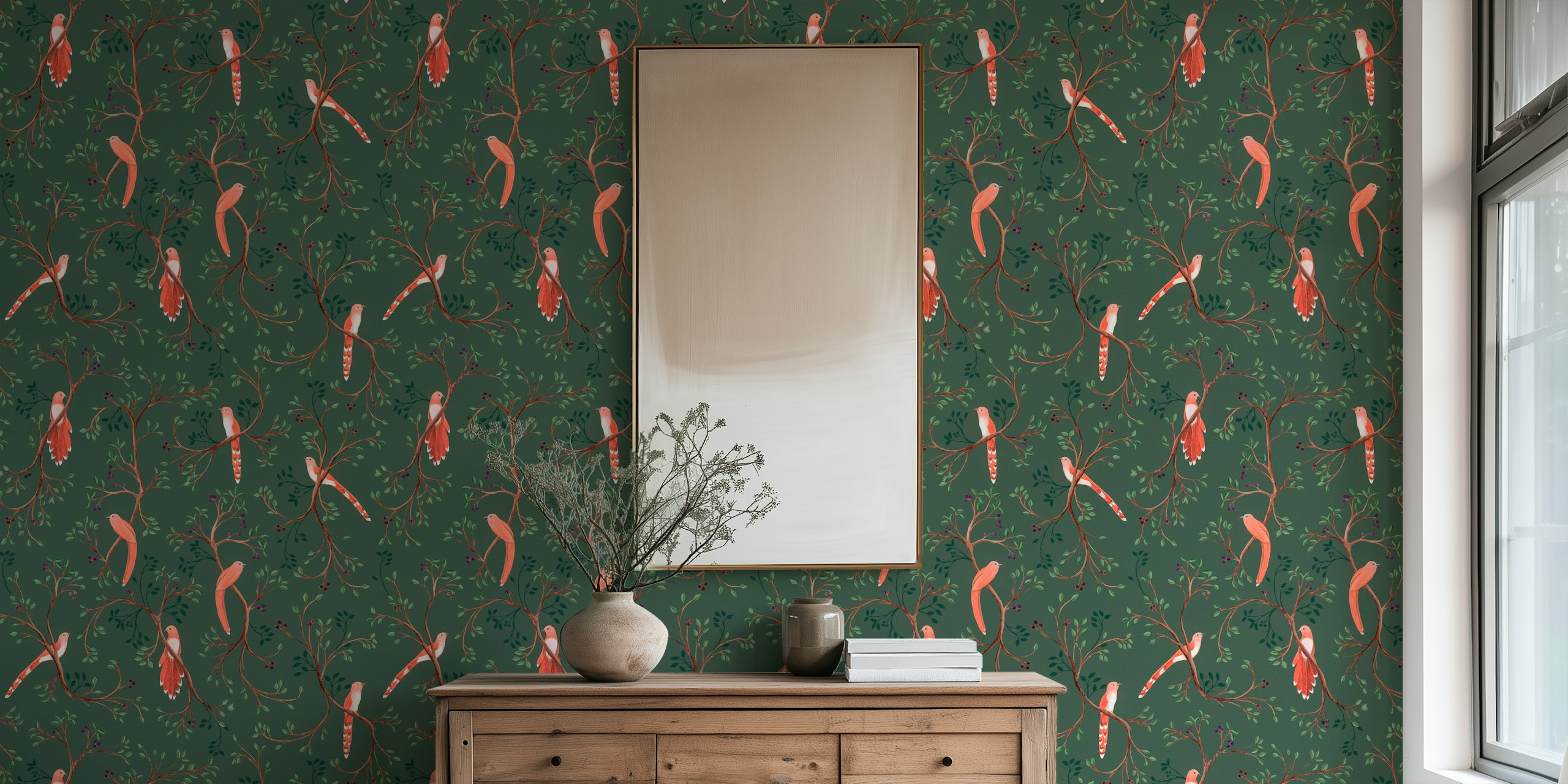 Delicate birds on branches with green background wallpaper