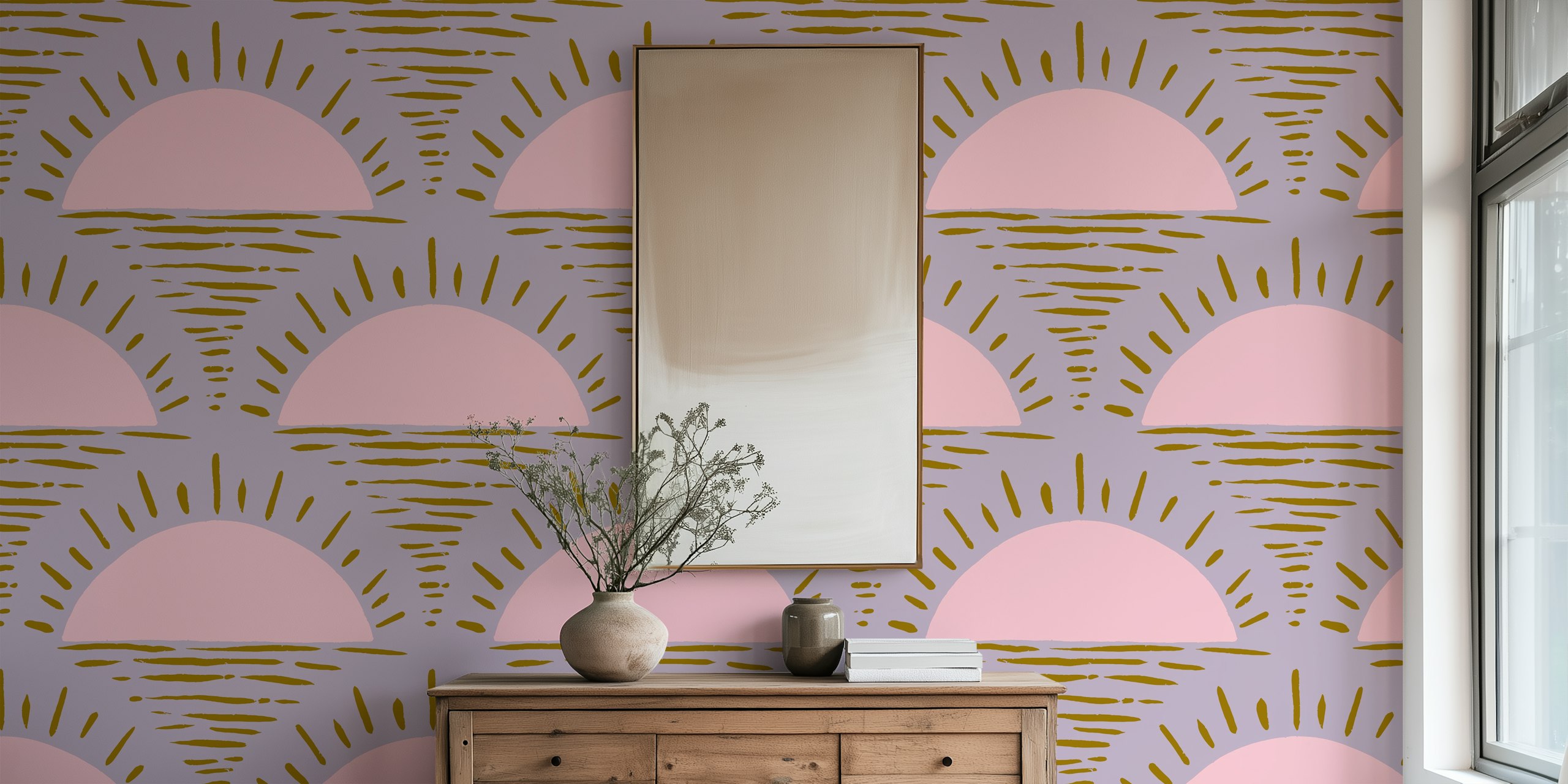 Hand-drawn rising sun design in purple and mustard wallpaper
