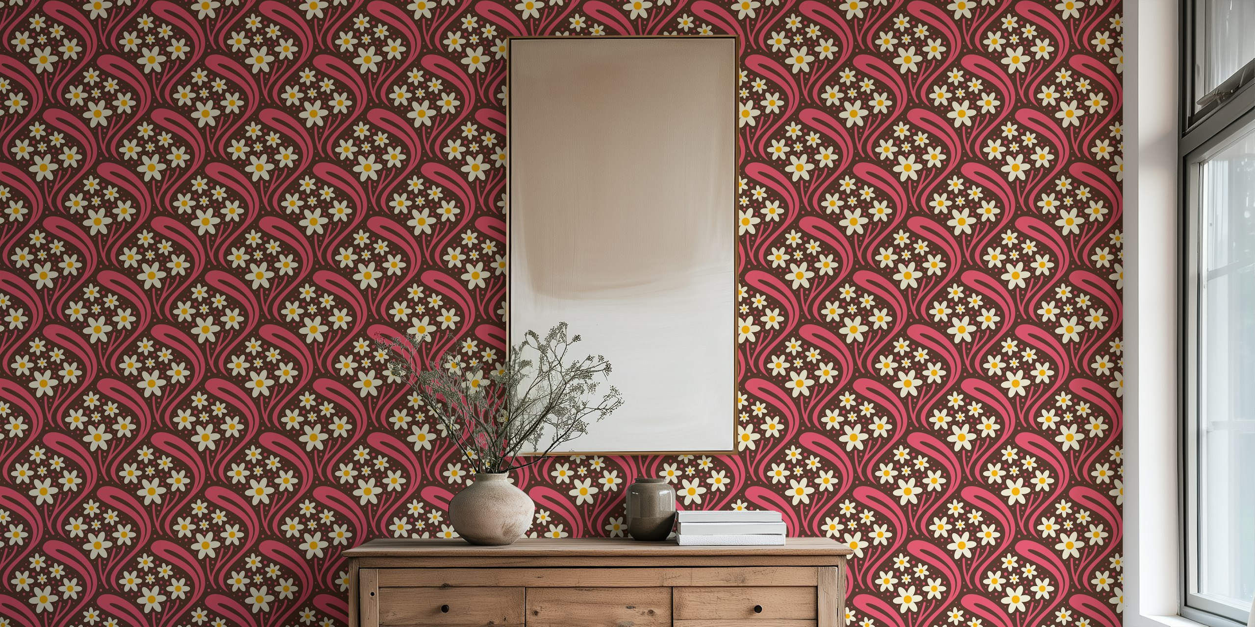 Vintage Daisy Fantasy in Pink wallpaper in a room