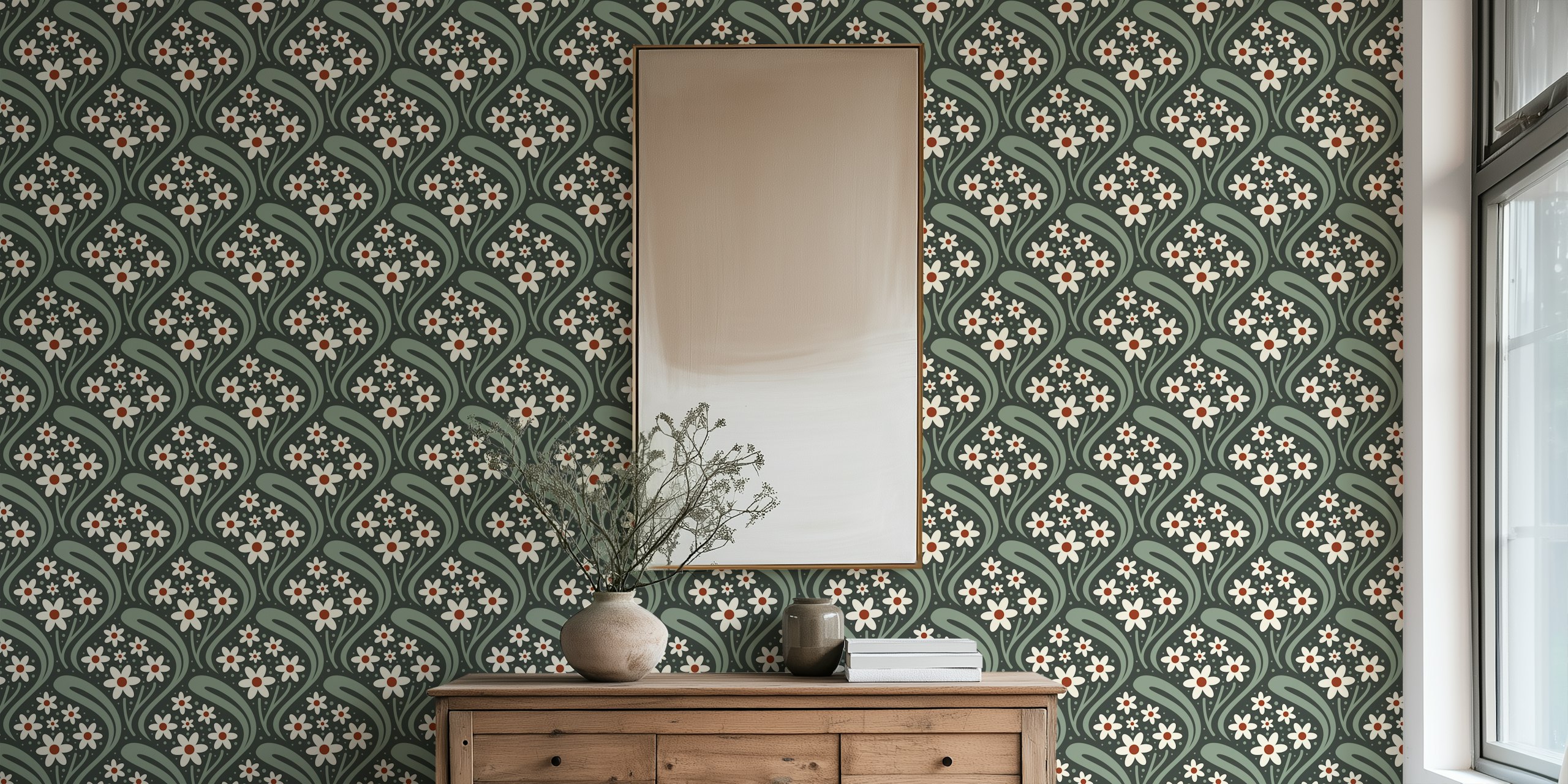 Vintage Daisy wallpaper in een stijlvolle kamer