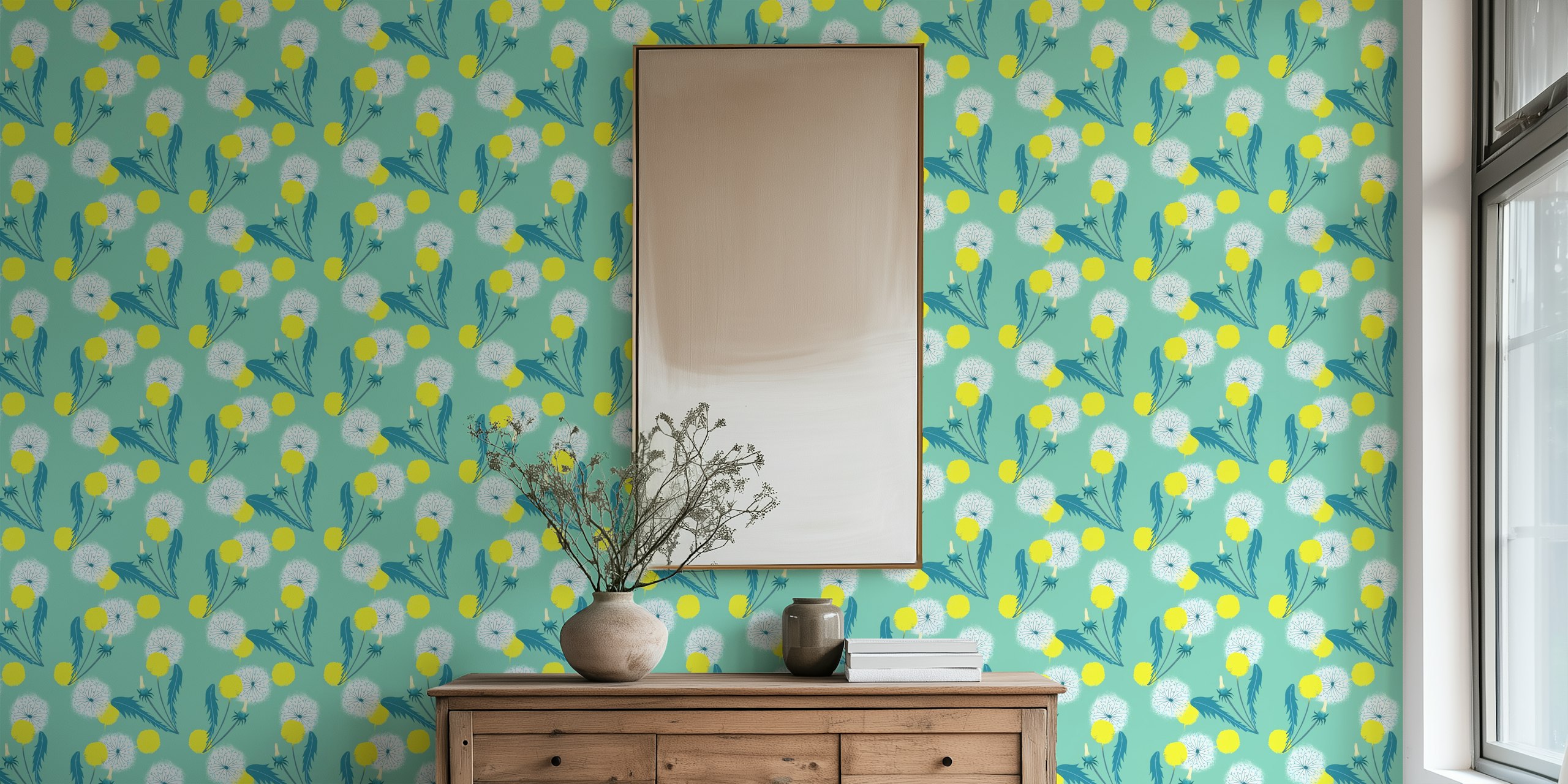 Dandelion mint wallpaper in a room setting