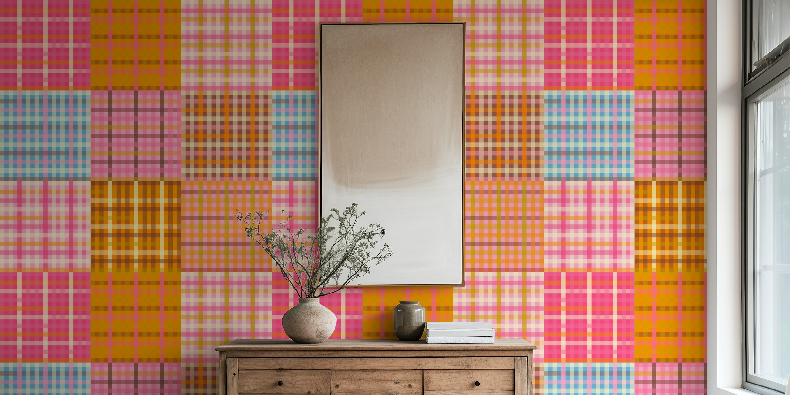 Papel de parede Cozy eclectic pink gingham plaid em um quarto