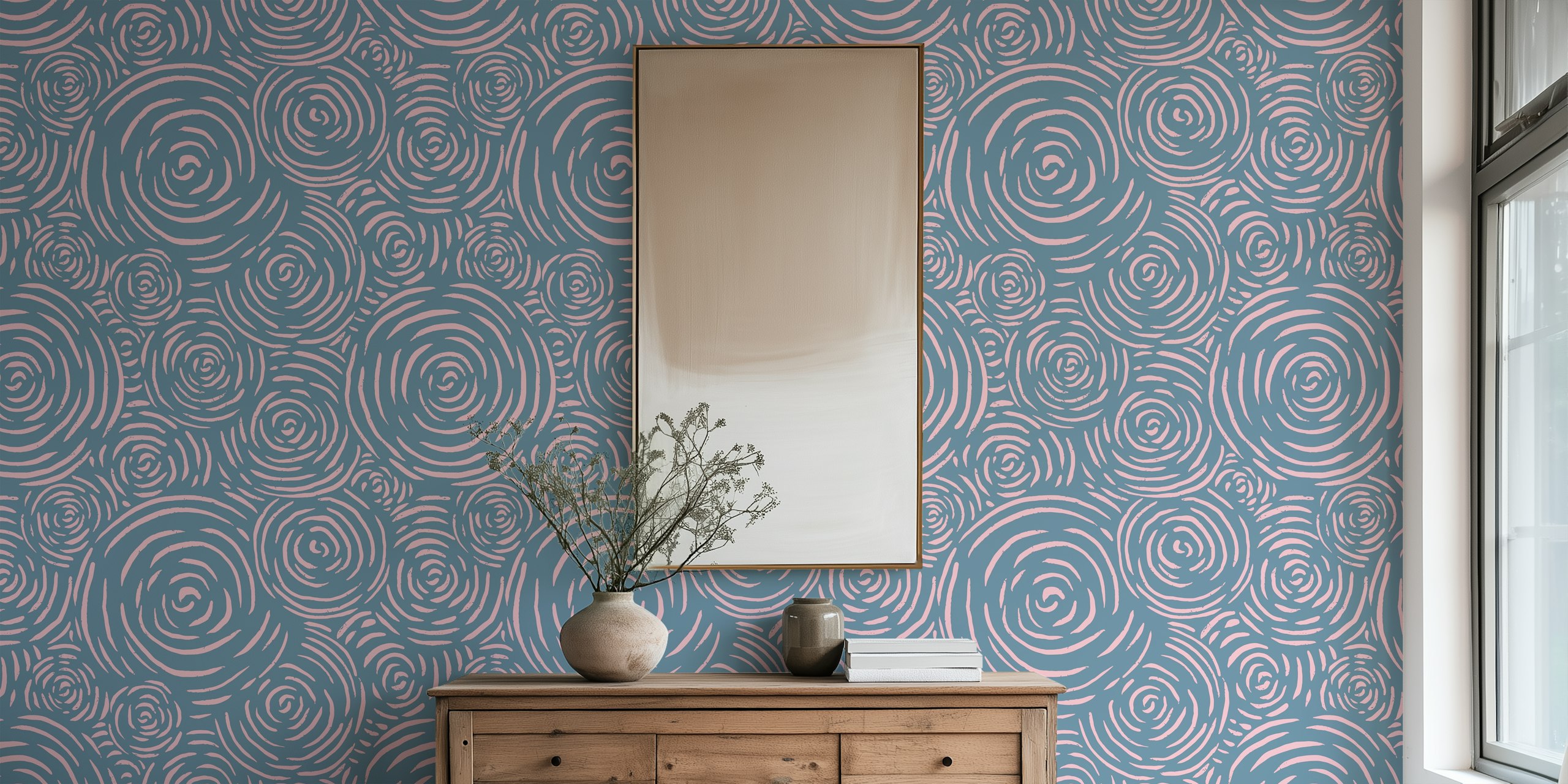 Blue and pink patterned wallpaper in a room