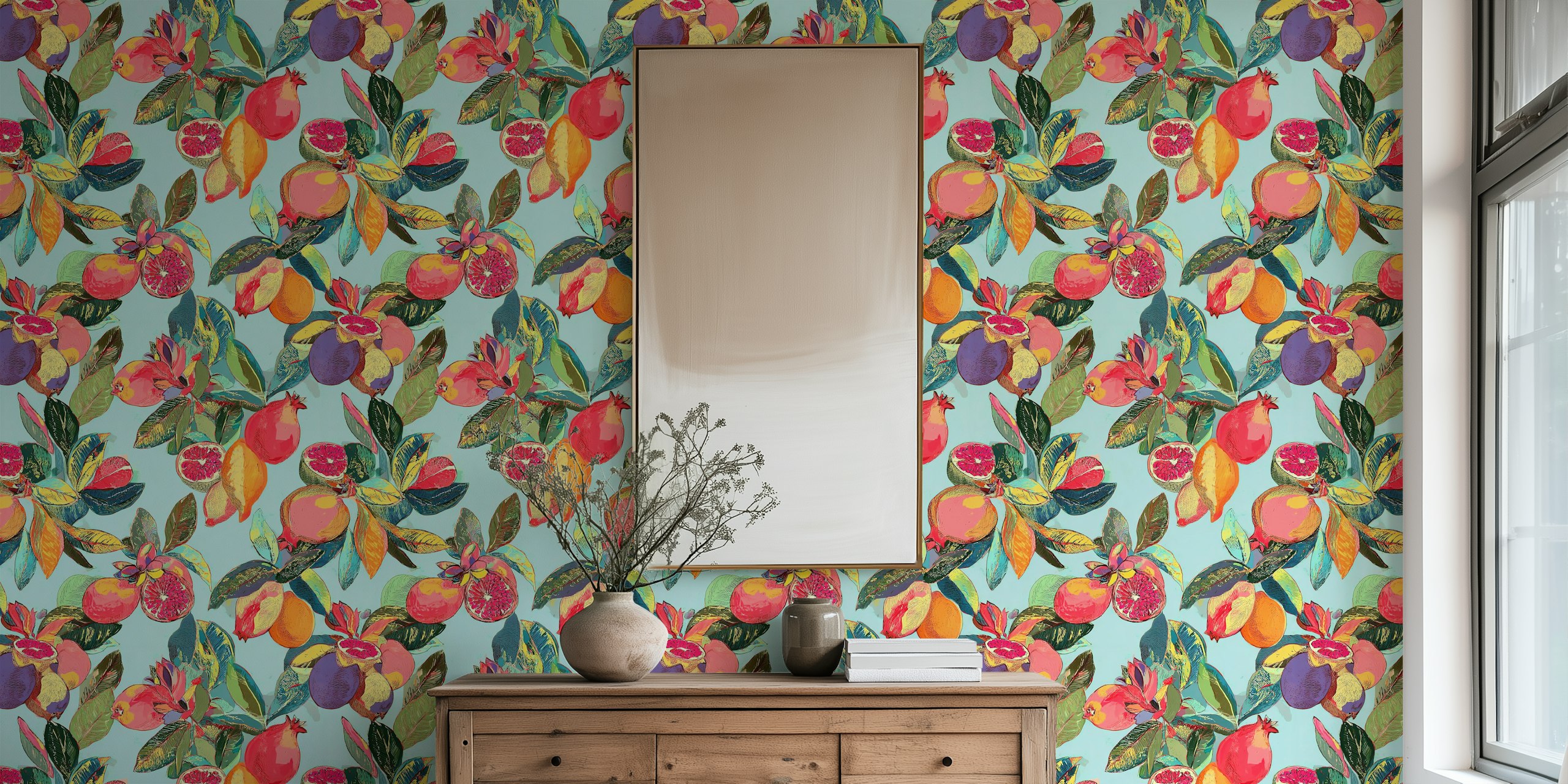 Citrus fruits and leaves pattern in vibrant colors wallpaper
