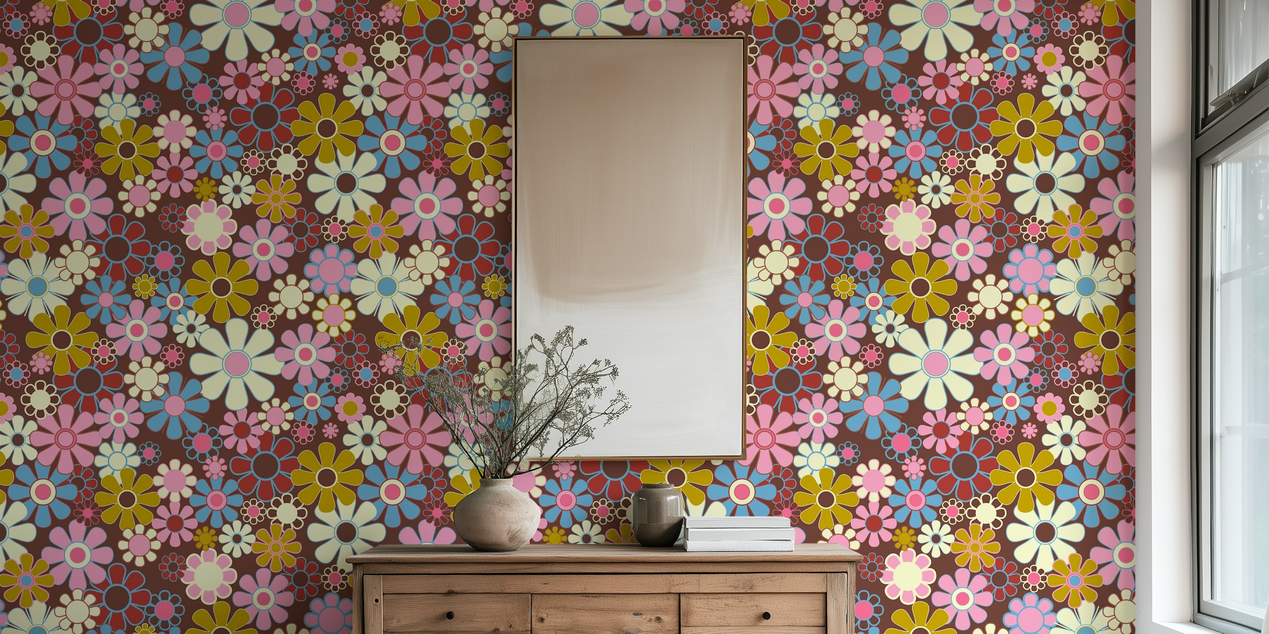 Cheerful retro garden floral wallpaper in a room