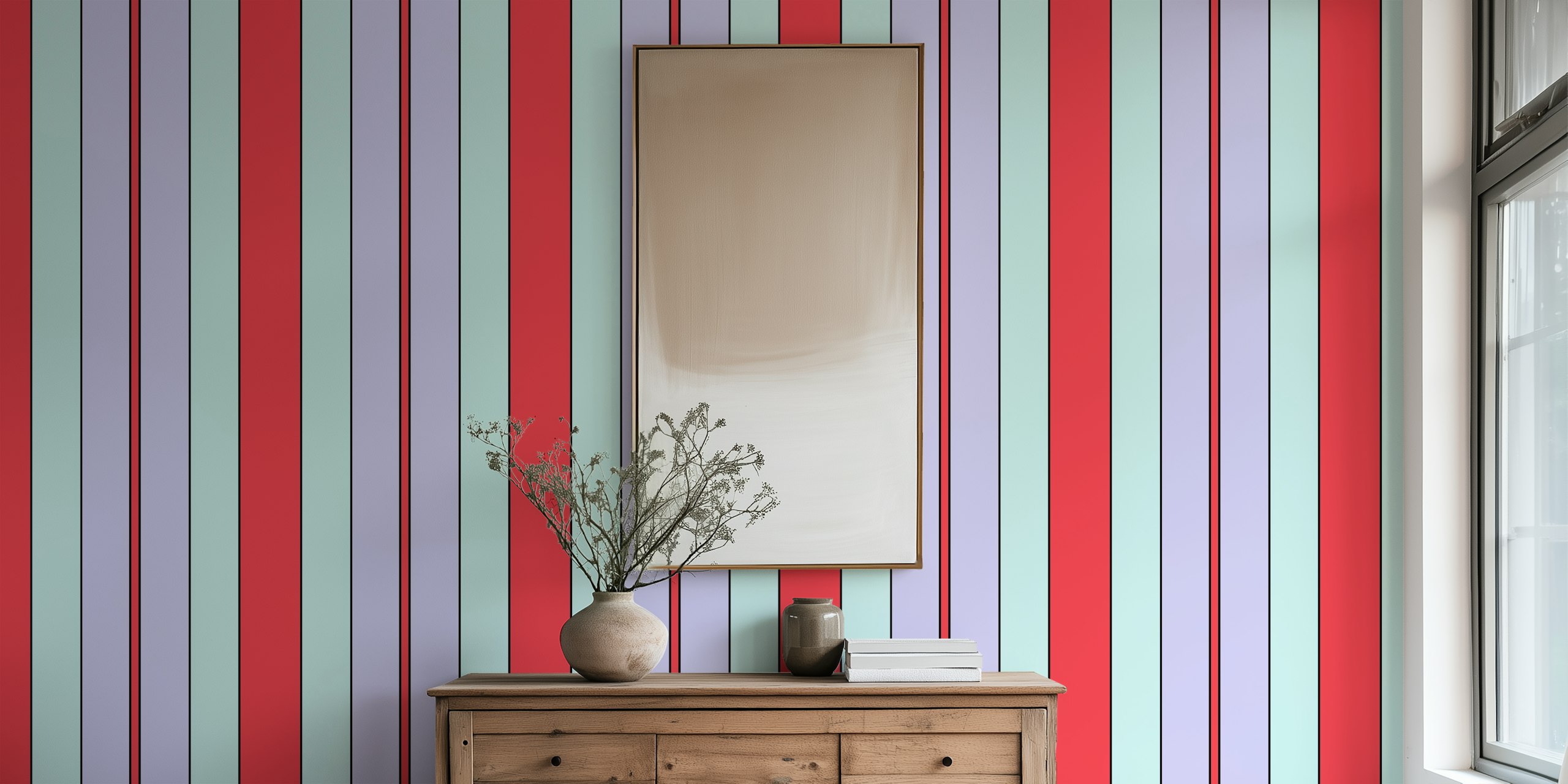 Striped wallpaper in coral, lilac, and mint green with black outlines.