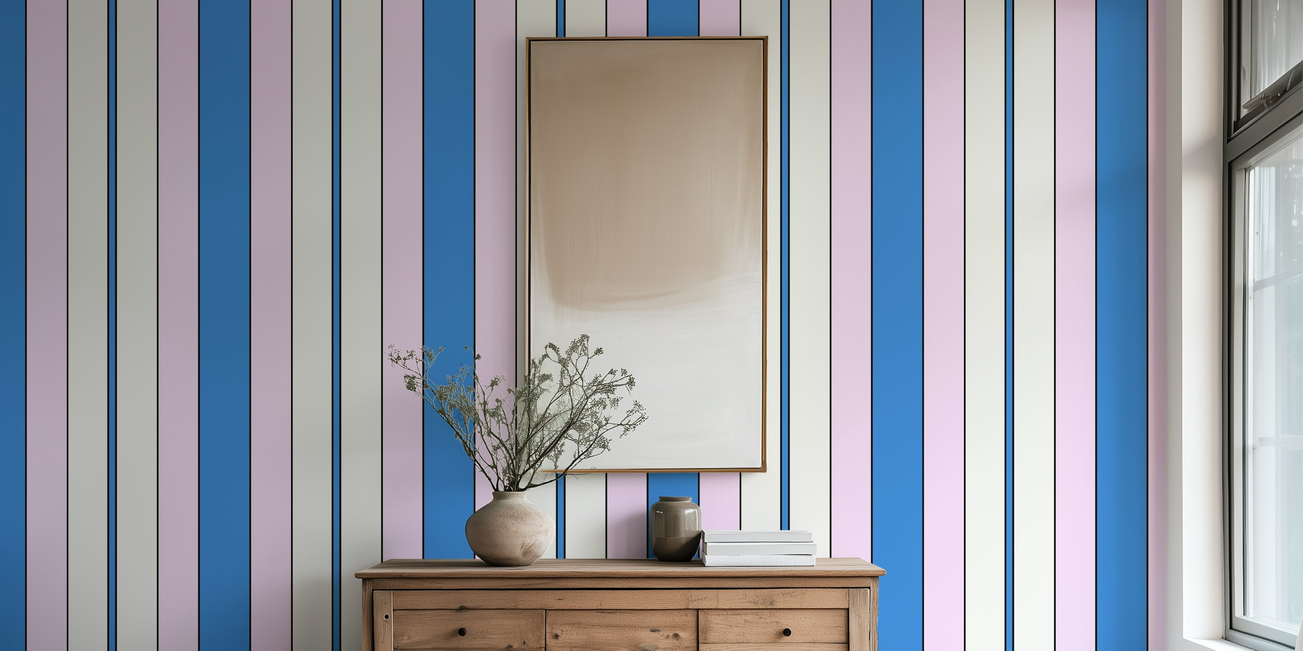 Cobalt og Pink Retro Stripe tapet i et rom