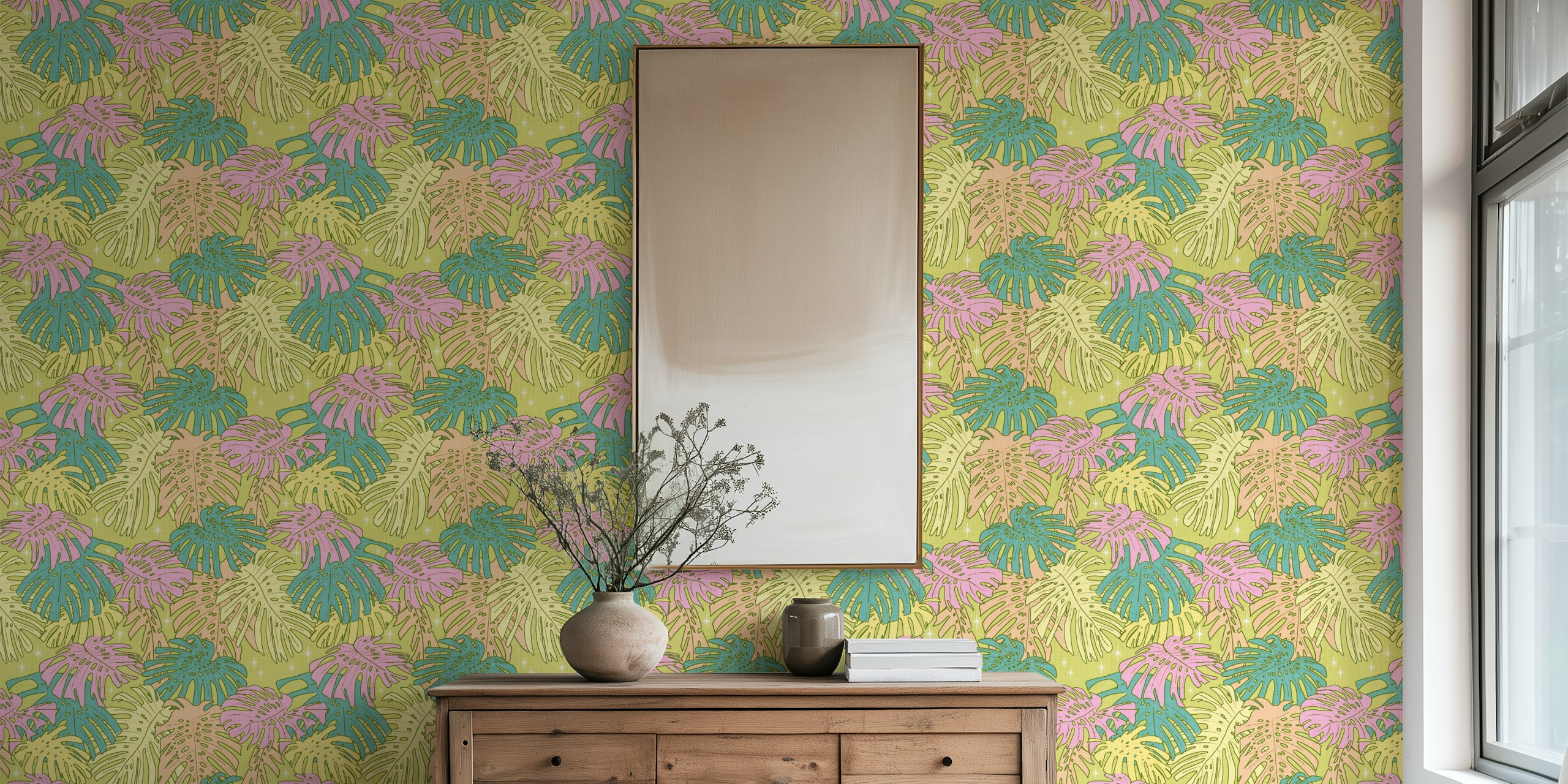 Pastel Tropical Monstera wallpaper in a room