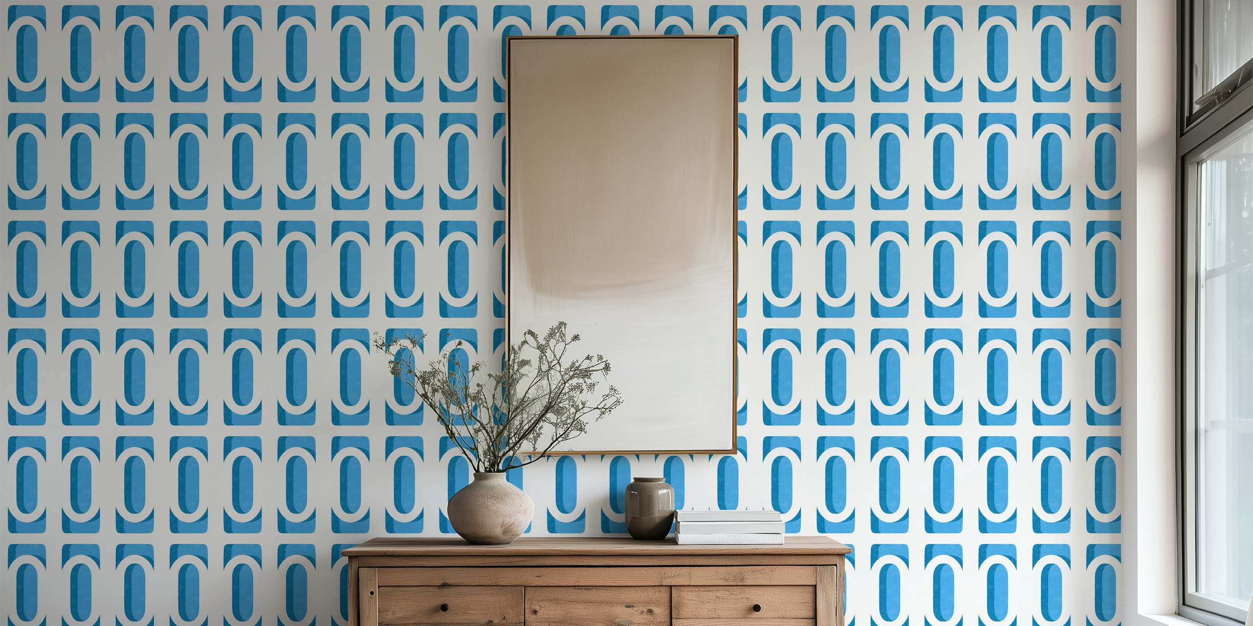 Blue geometric shapes on cream background wallpaper