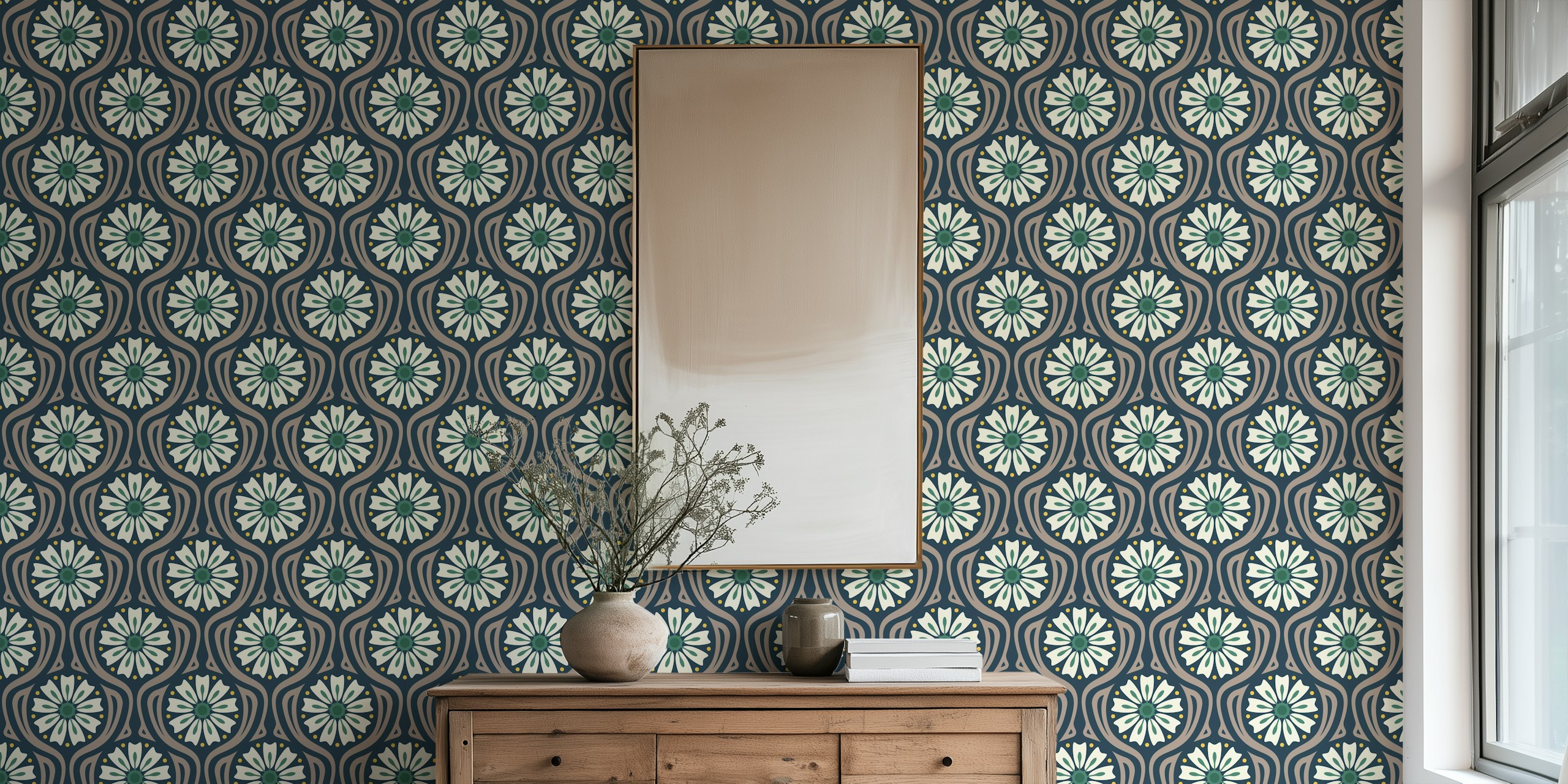 Ένας τοίχος με ταπετσαρία Colorful Floral Fiesta σε ένα δωμάτιο