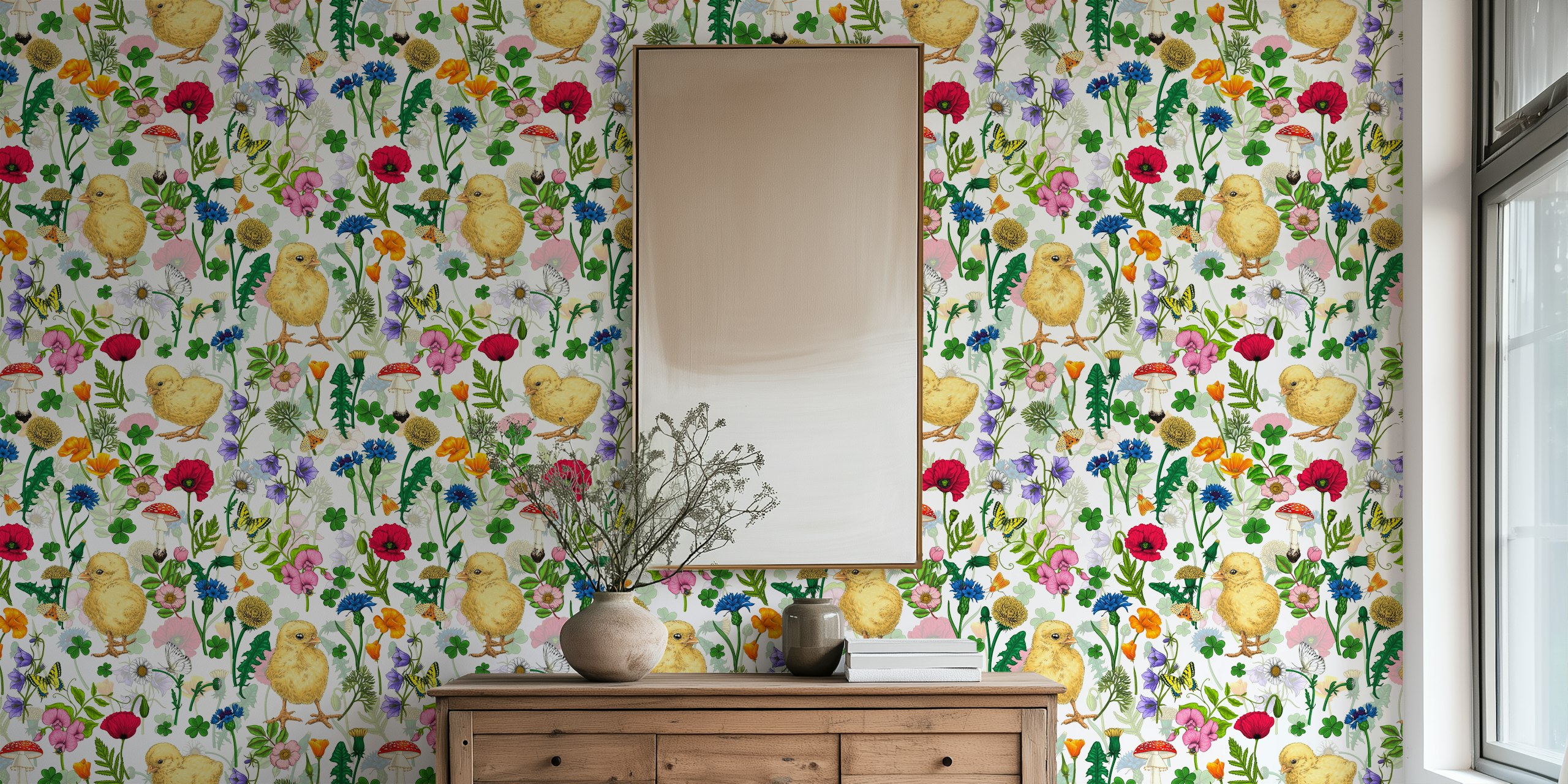 Conception de papier peint Chickens and wildflowers