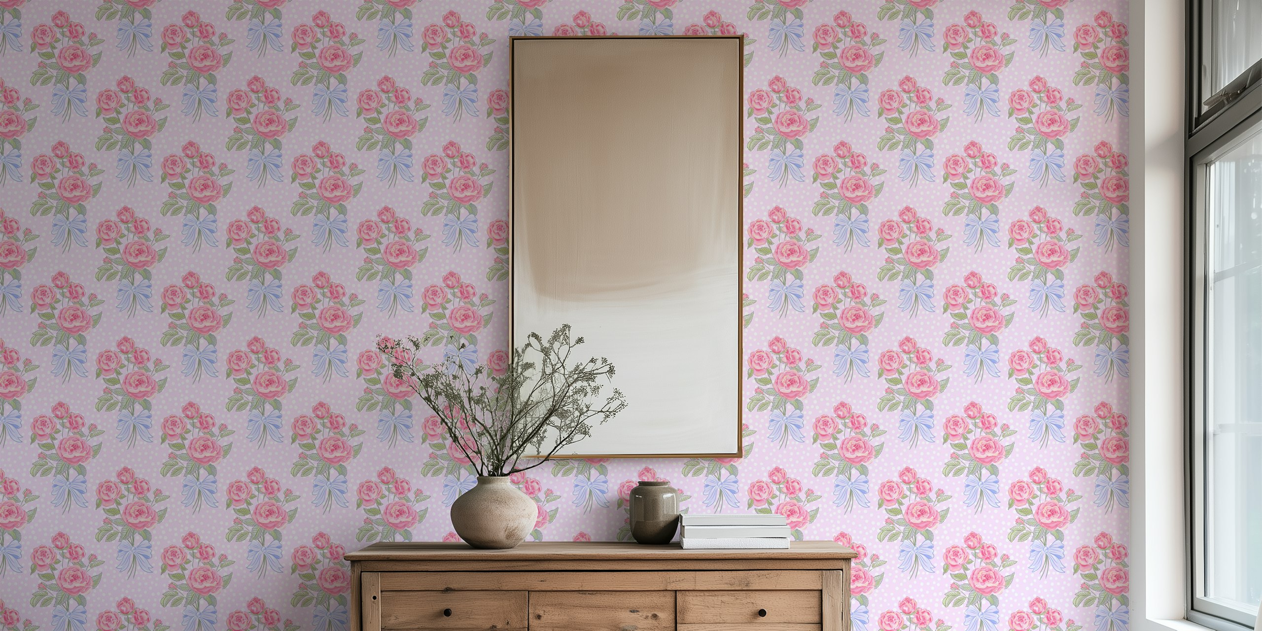 Rosy floral pattern with blue ribbons on soft lavender wallpaper