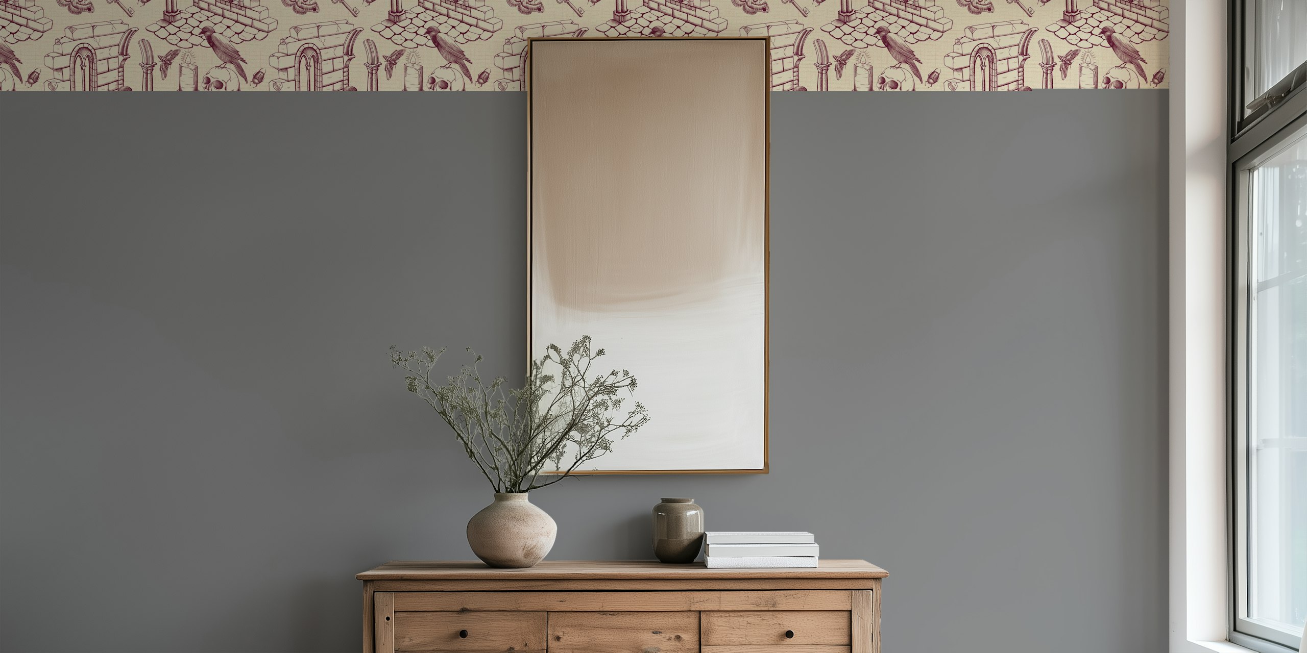 Burgundy Dark Academia Toile de Jouy wallpaper in a room