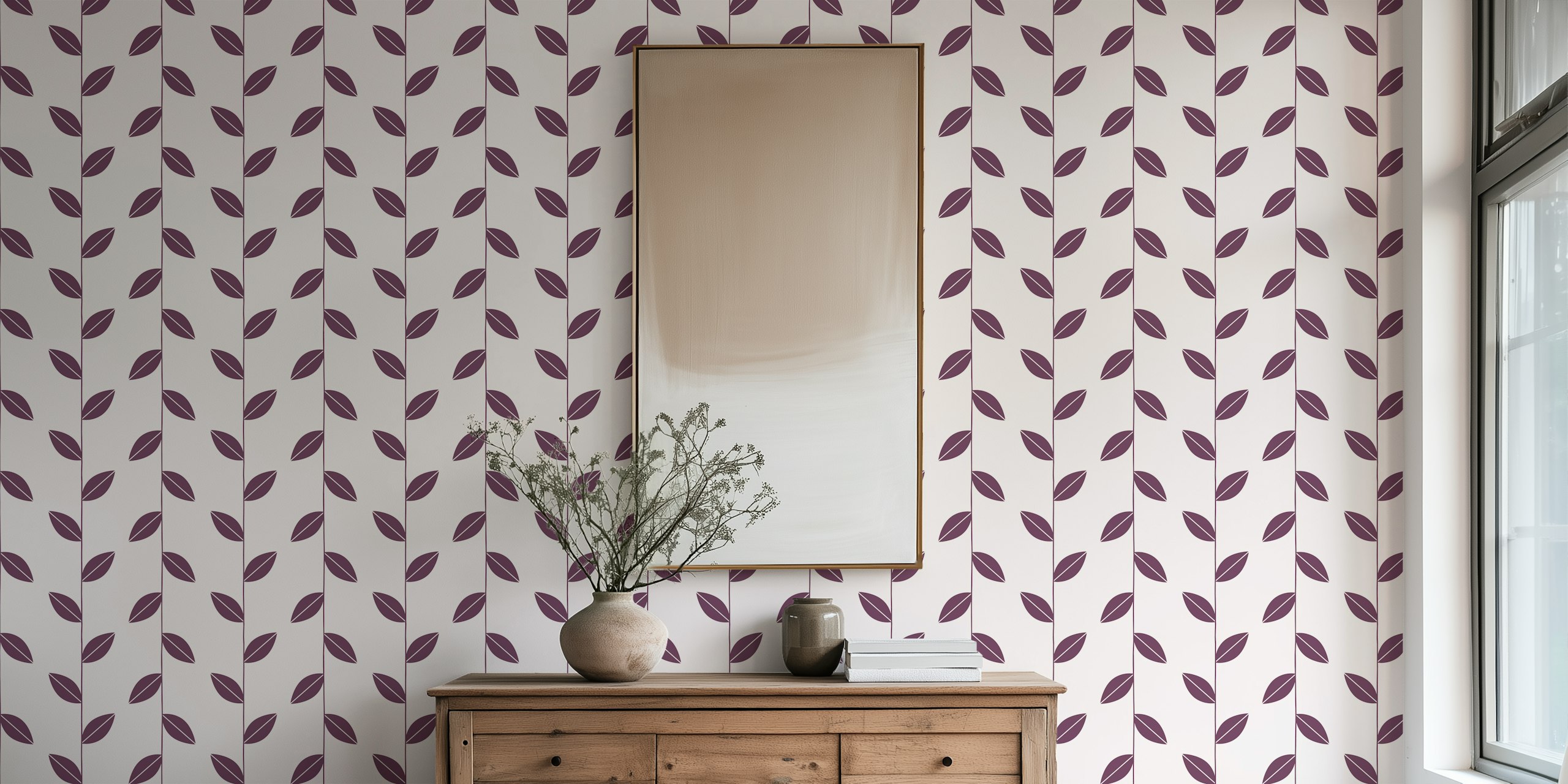 Leaf Elegance Plum Purple Beige wallpaper in de kamer