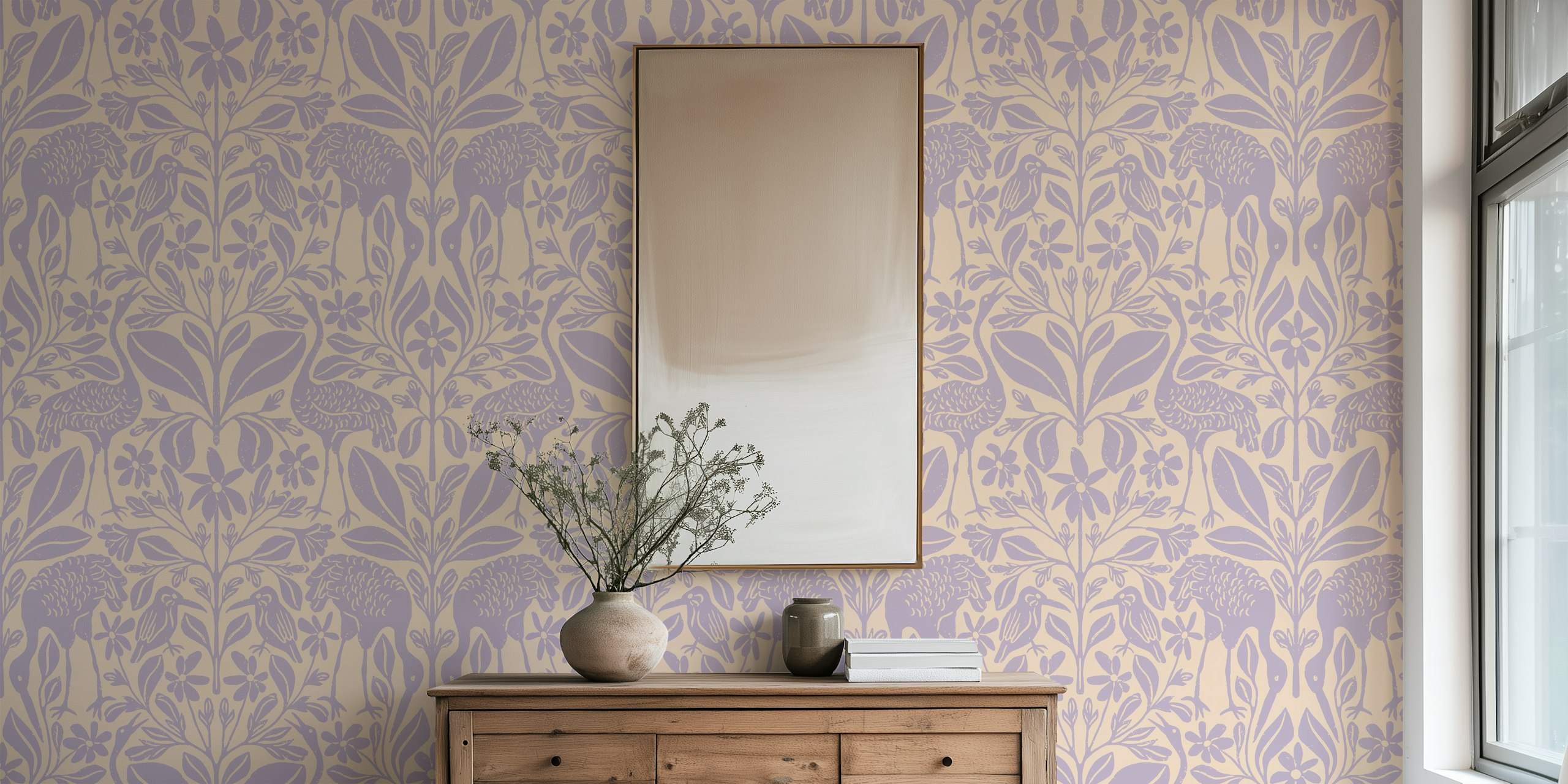 Design featuring cranes and flowers in purple and cream wallpaper