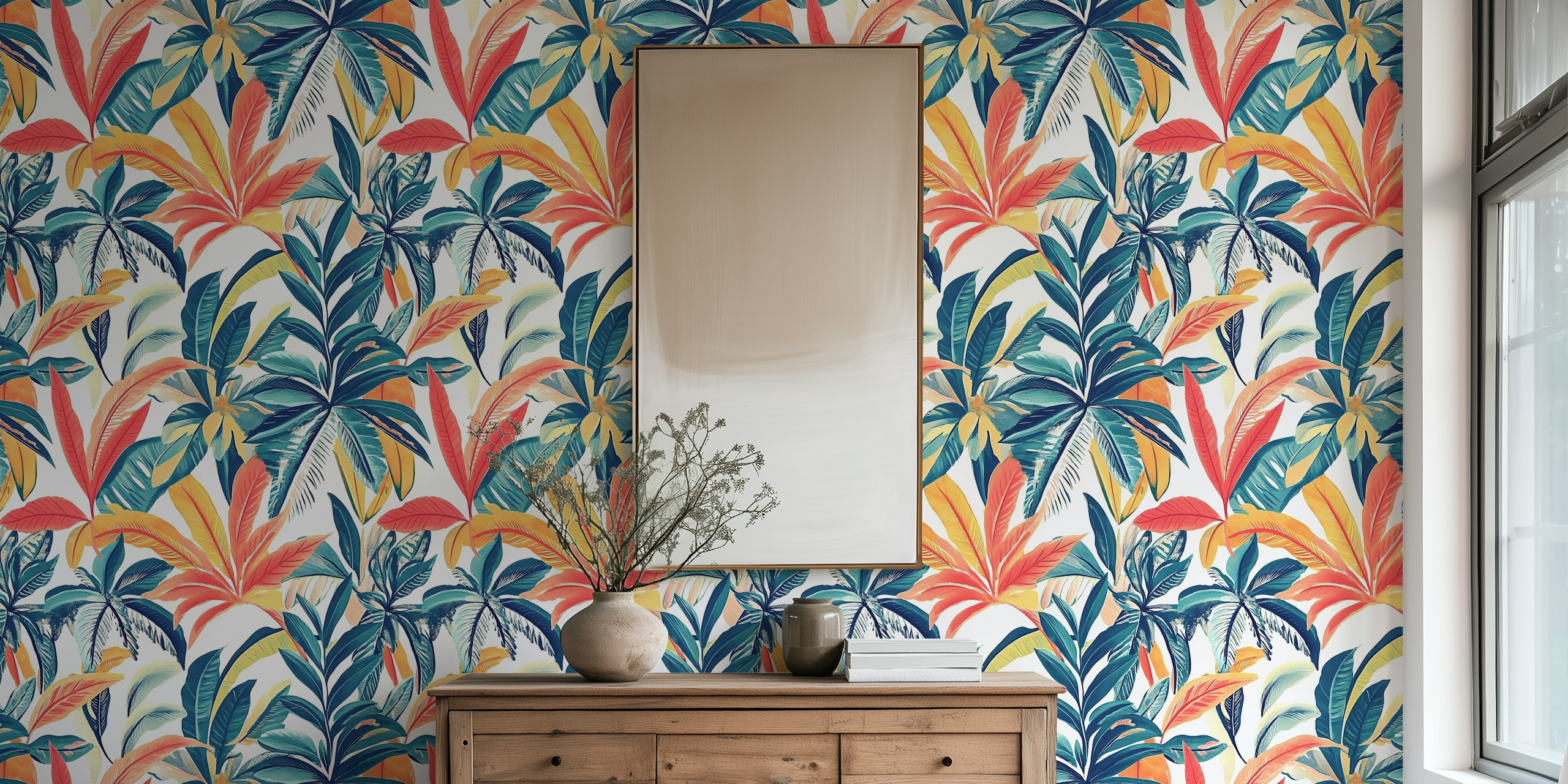 Colorful tropical leaves in red, green, and yellow wallpaper