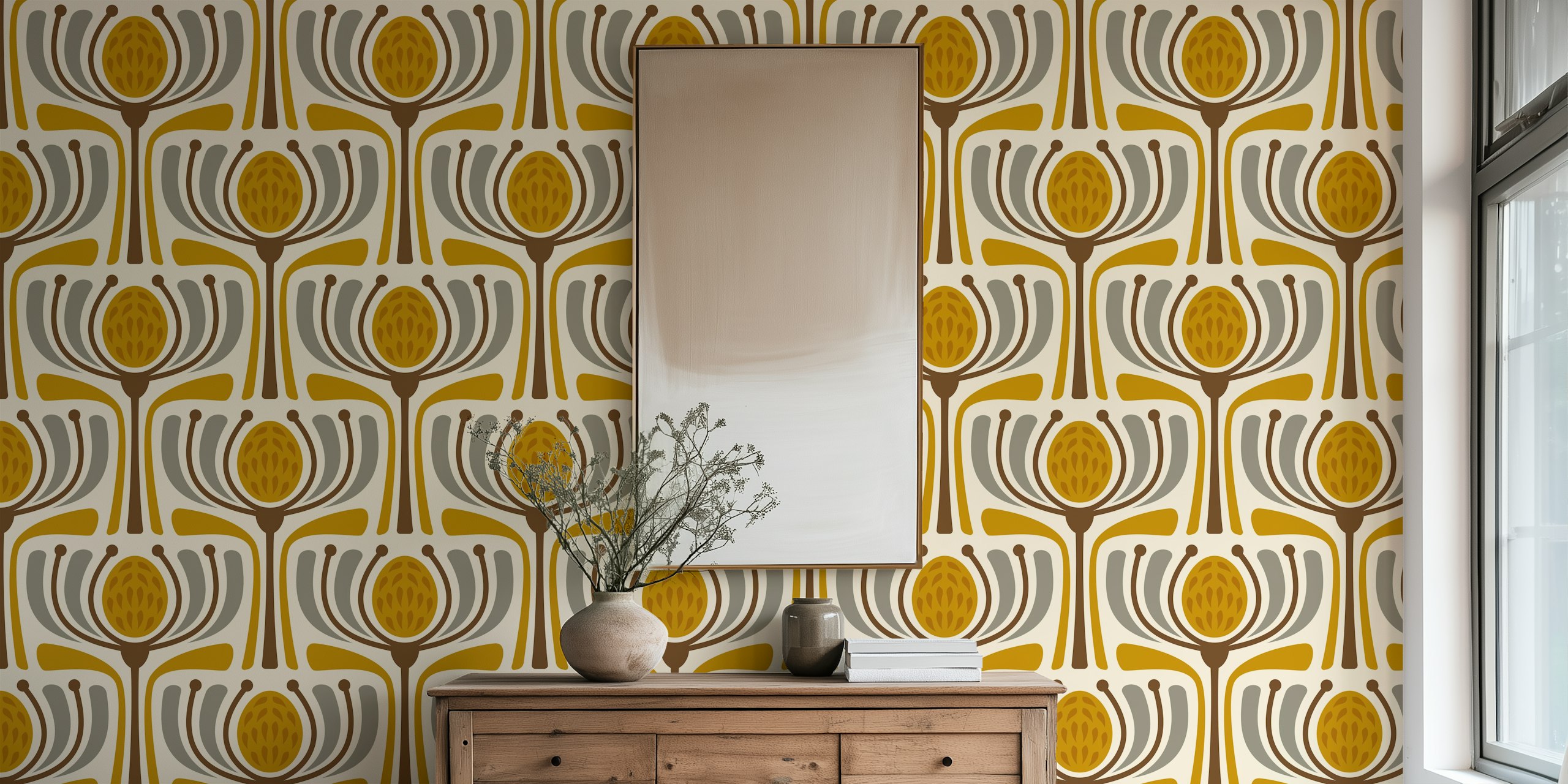 Mid-Century Modern Bloom in Yellow tapet i ett rum