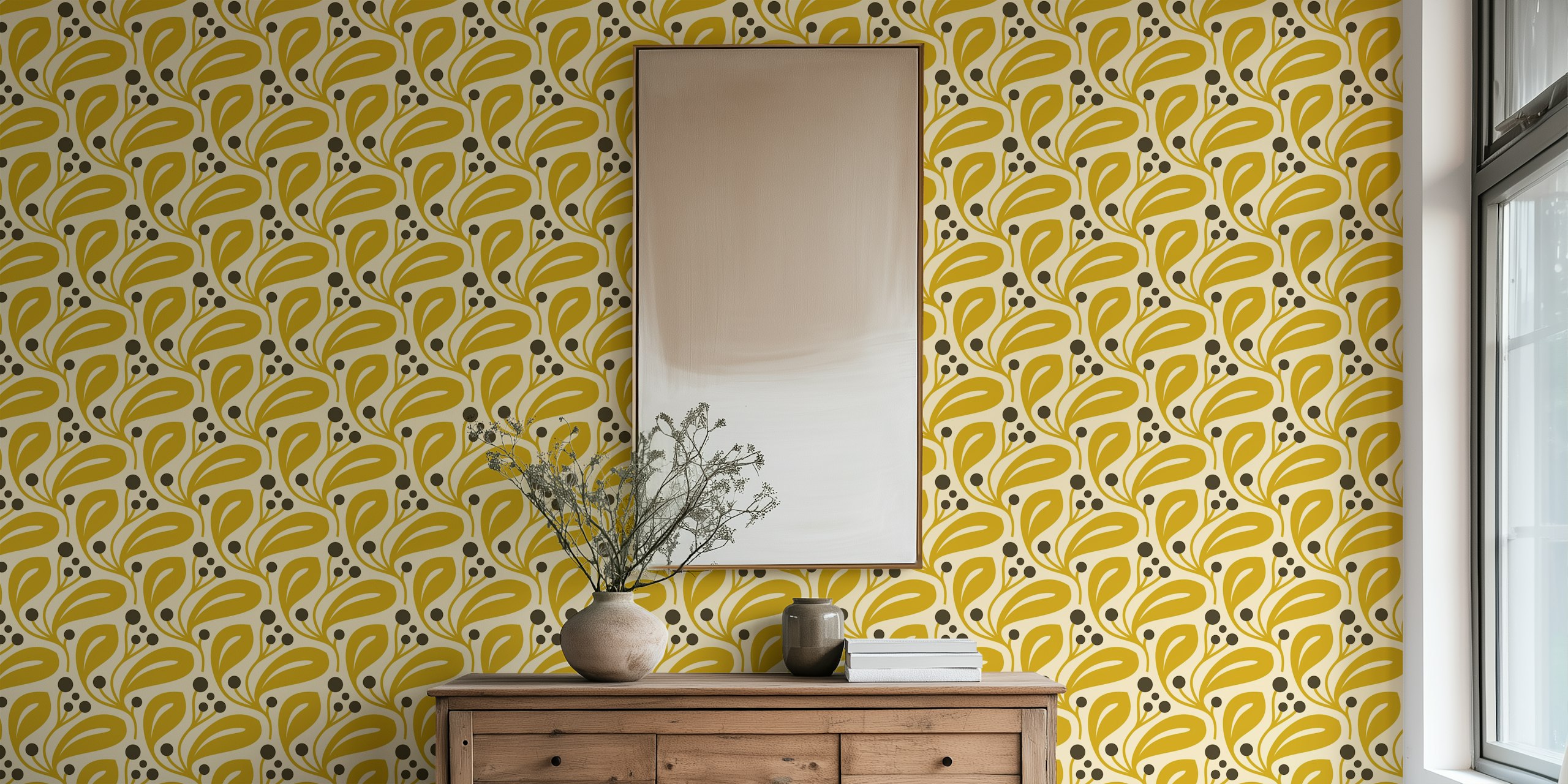 Berry Leaf Harmony in Yellow Brown wallpaper in a room