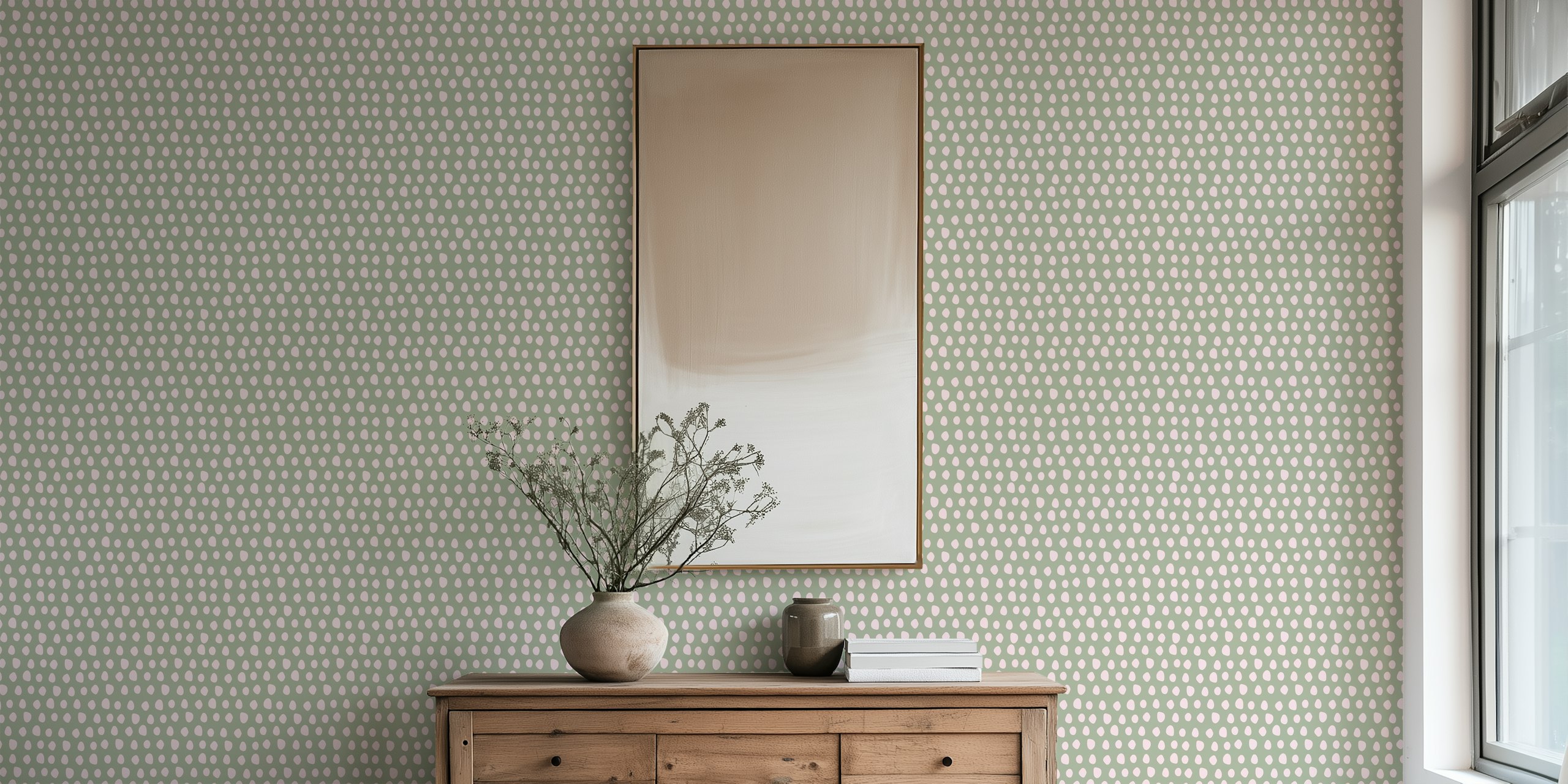 Soft pink dots on sage green background wallpaper