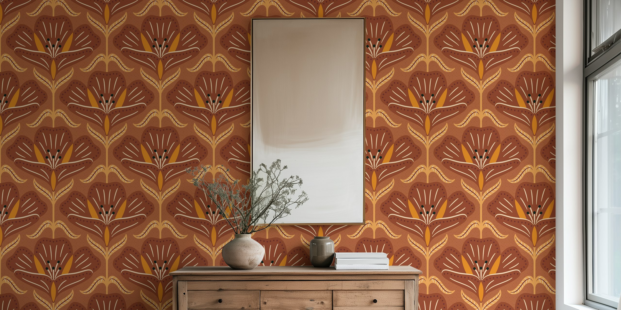 Rusty brown floral pattern wallpaper with vibrant orange accents.