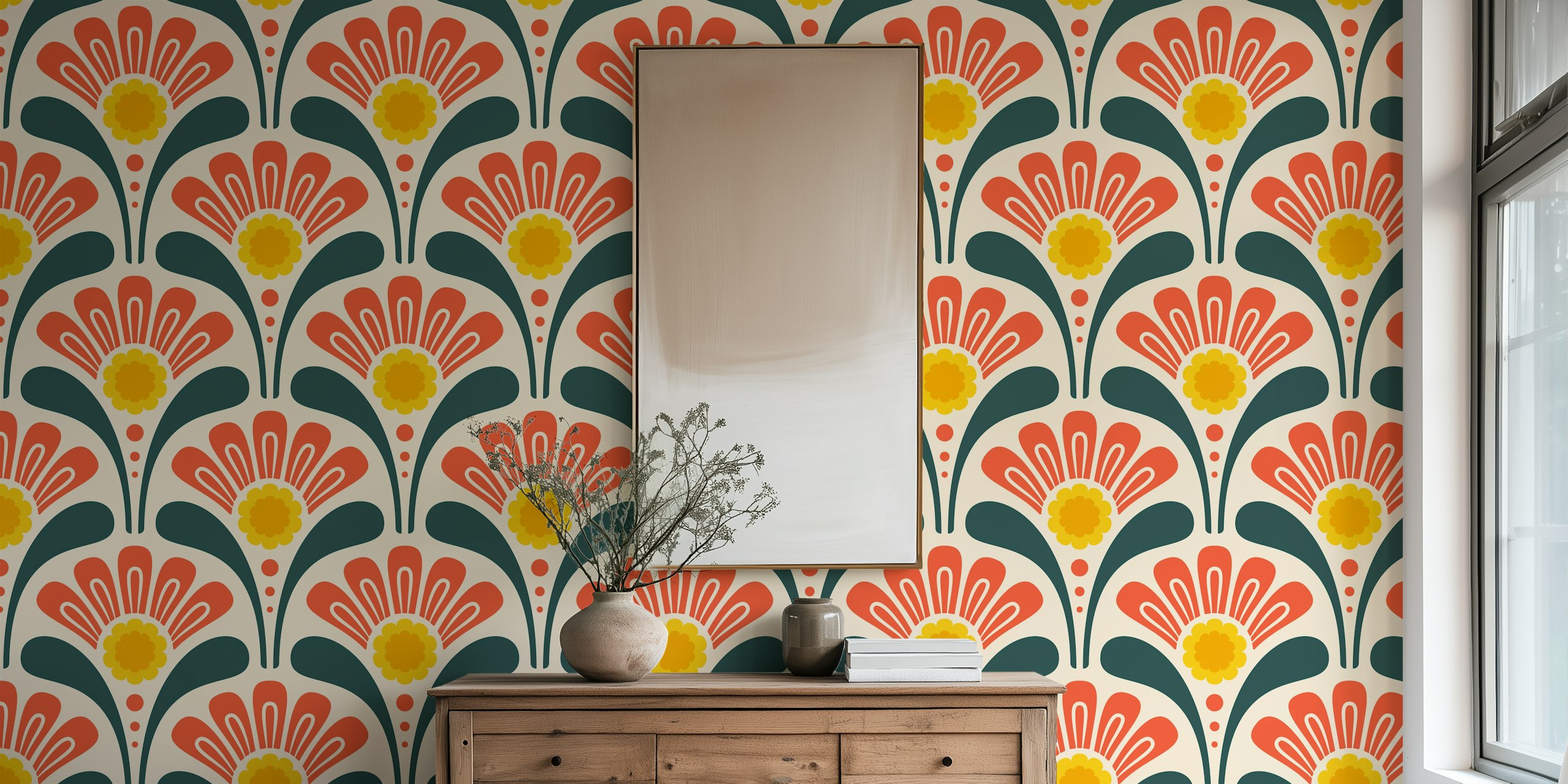 Ταπετσαρία Bold Floral Joy σε φωτεινό δωμάτιο