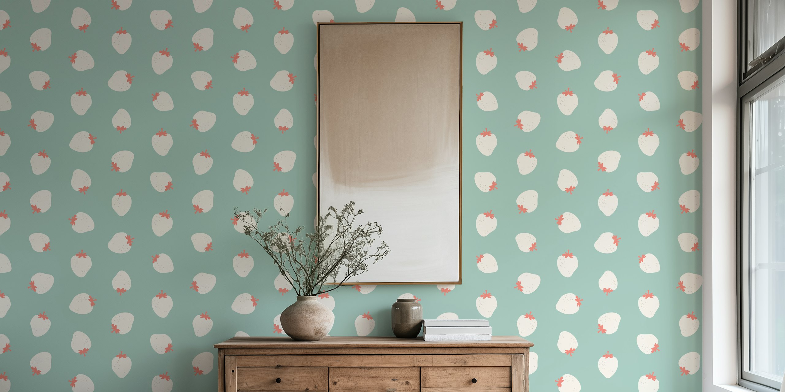 Aqua background with white strawberries and coral accents wallpaper