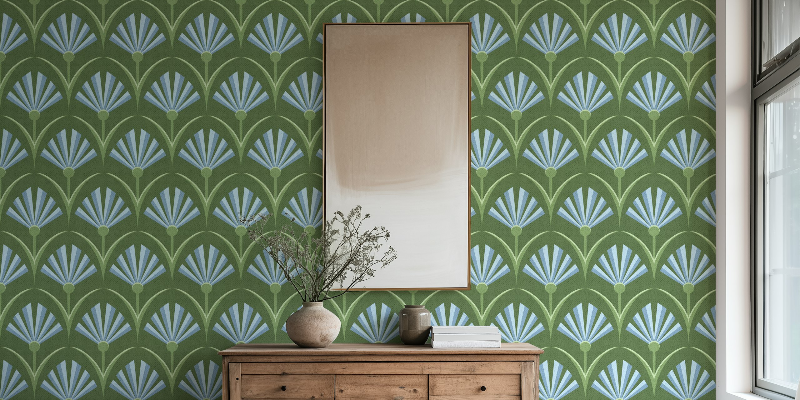 Retro floral fan pattern in blue and green wallpaper