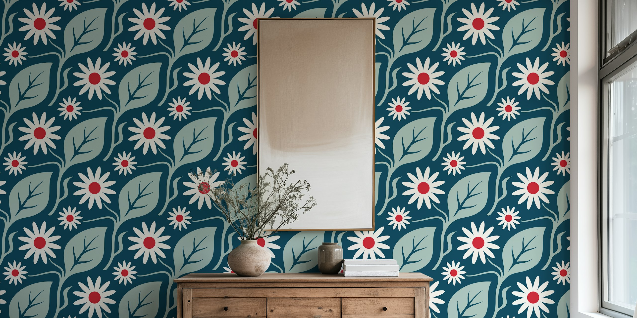 Floral design with daisies and leaves in teal and red wallpaper