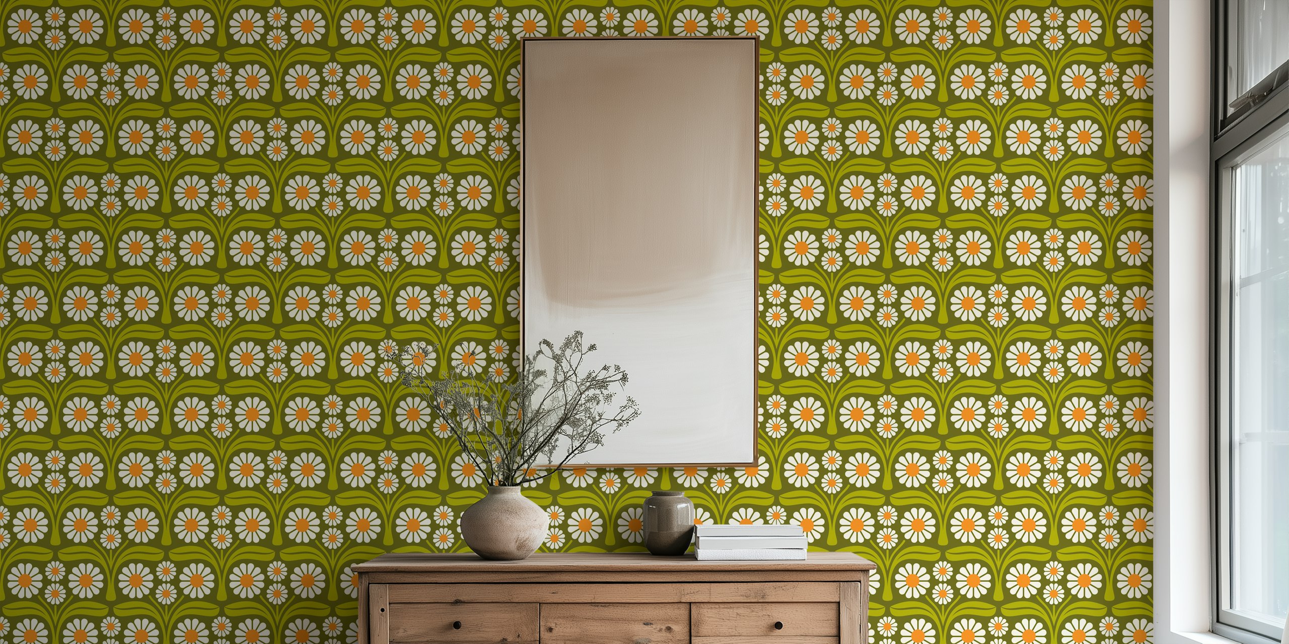 Retro floral design with large daisies in green and orange wallpaper