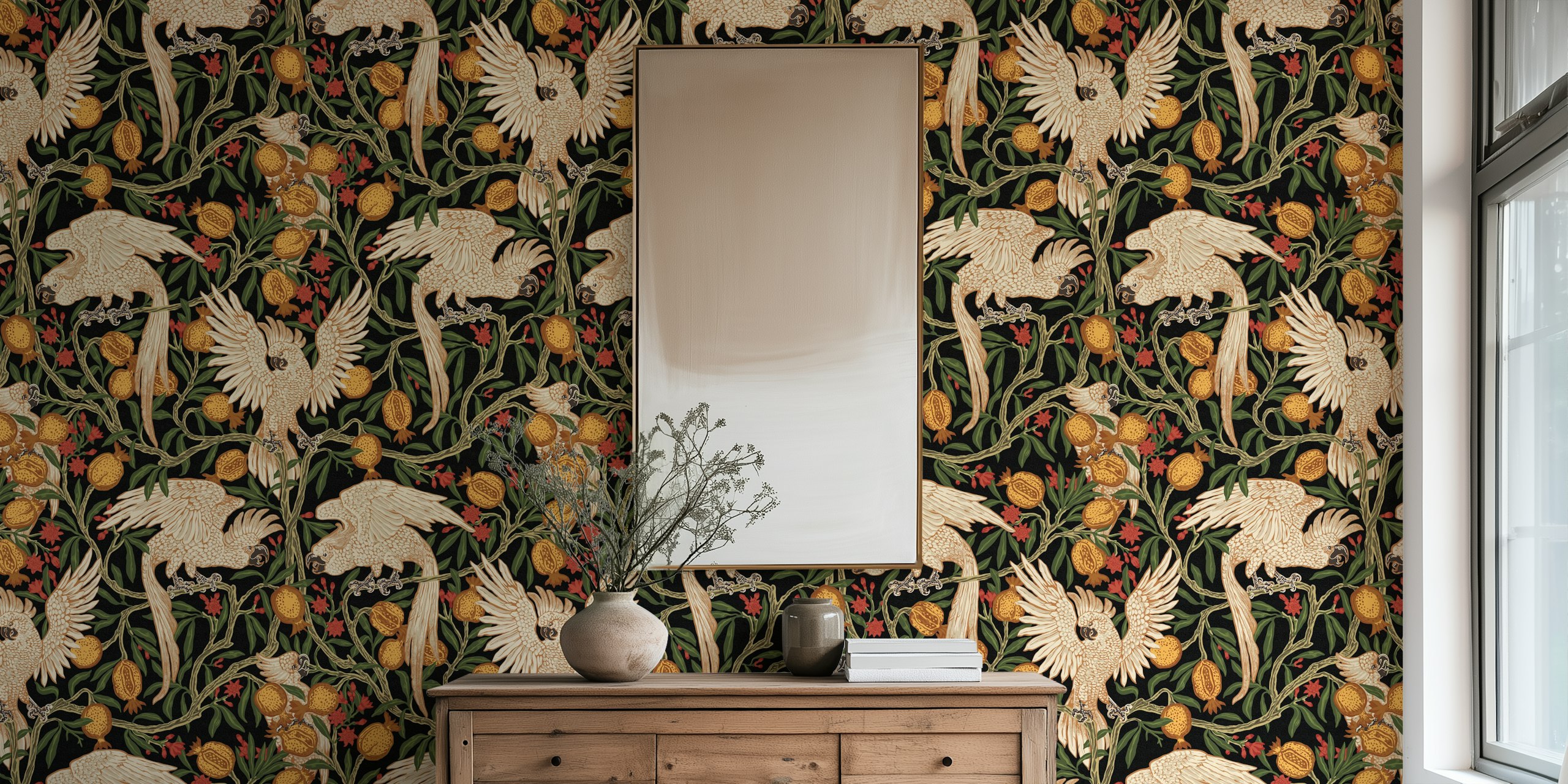 Cockatoo and Pomegranate wallpaper design