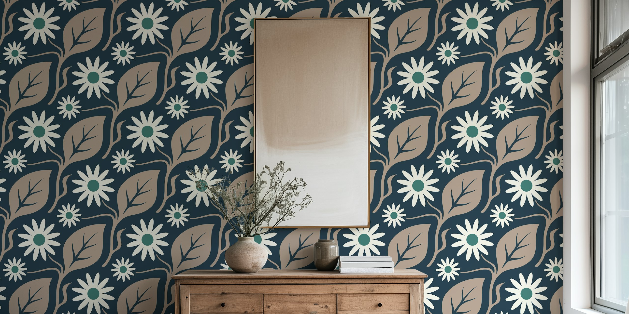Floral daisy pattern with beige leaves and green accents wallpaper