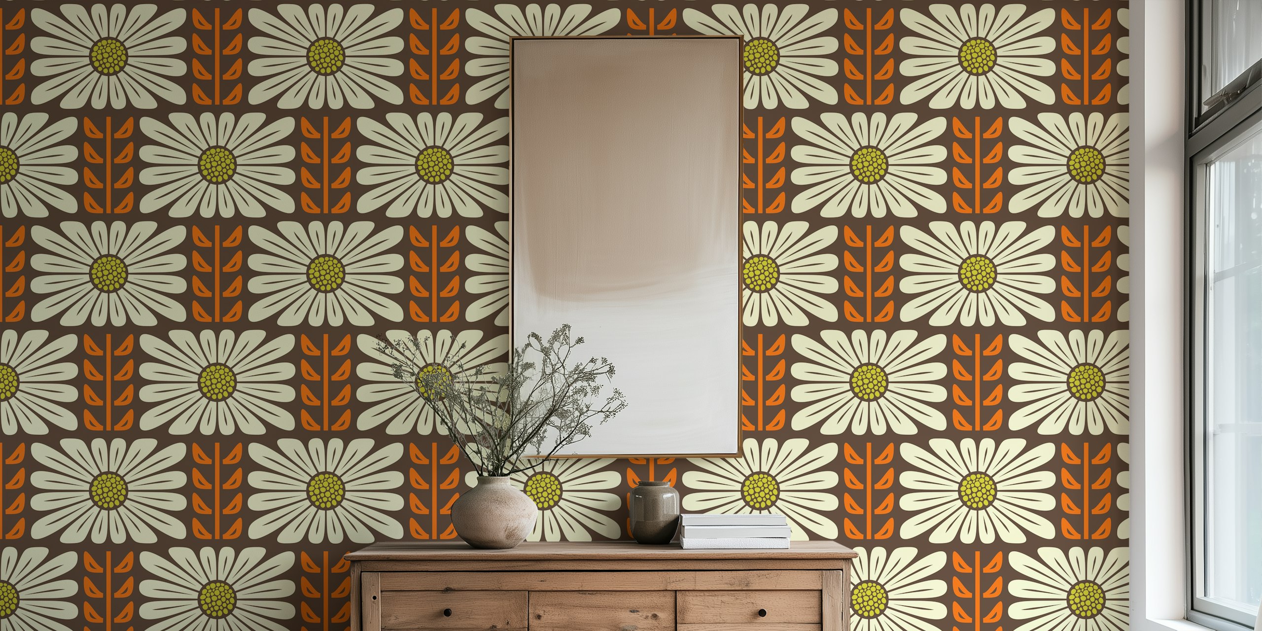 Papel pintado floral retro chic en una habitación