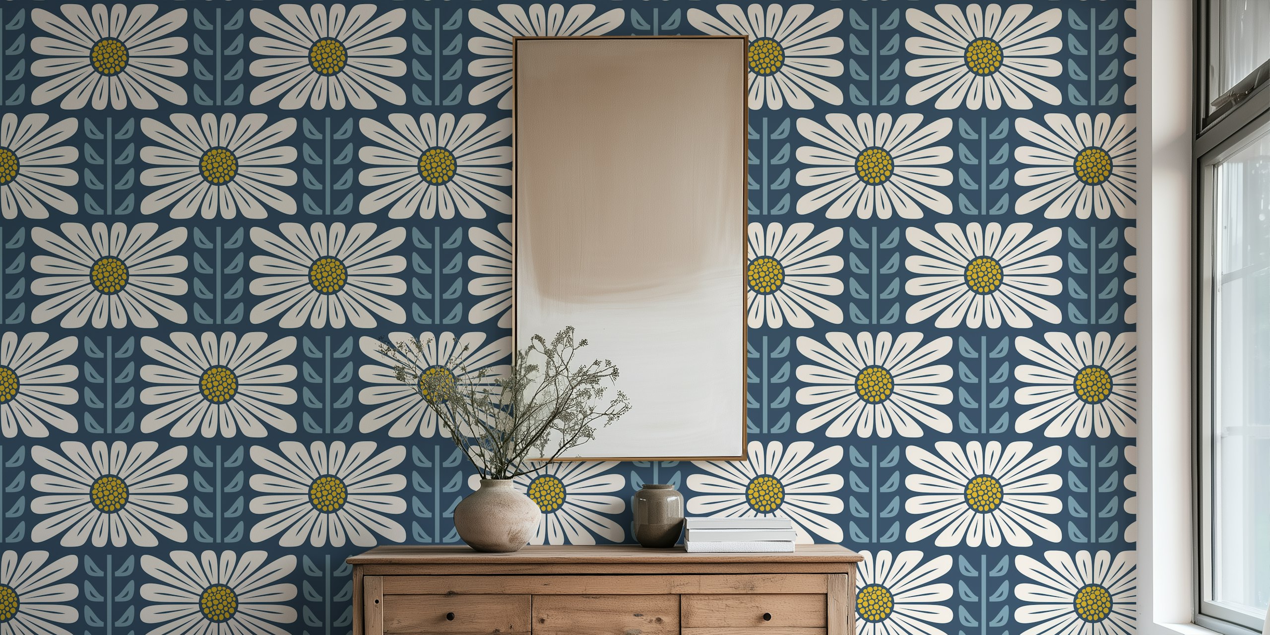 Large white floral patterns on blue background wallpaper