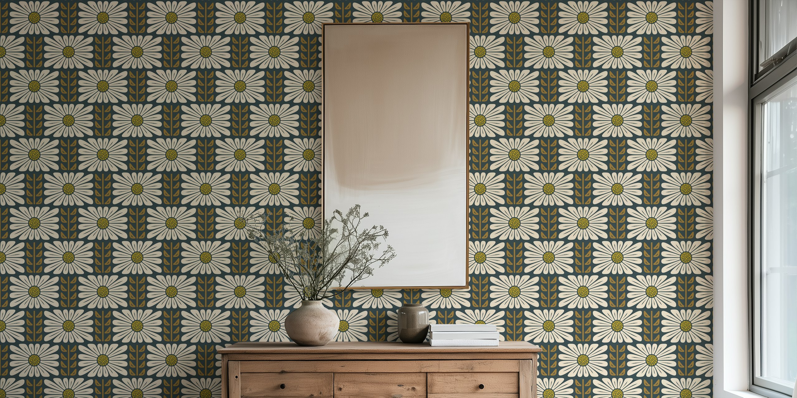 Papier peint Retro Chic Flowers in Brown dans une pièce