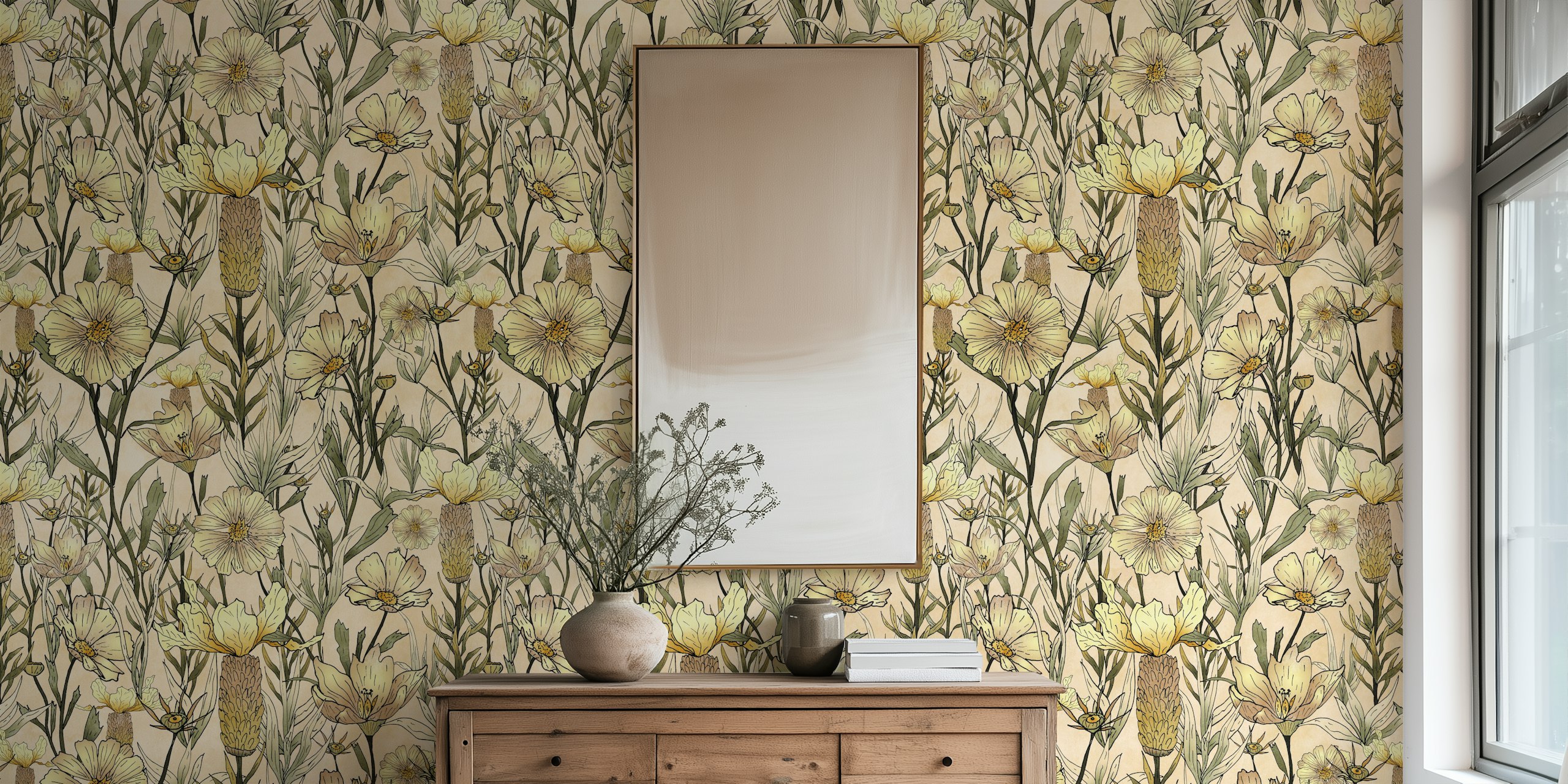 Hand drawn vintage garden wallpaper dans une pièce