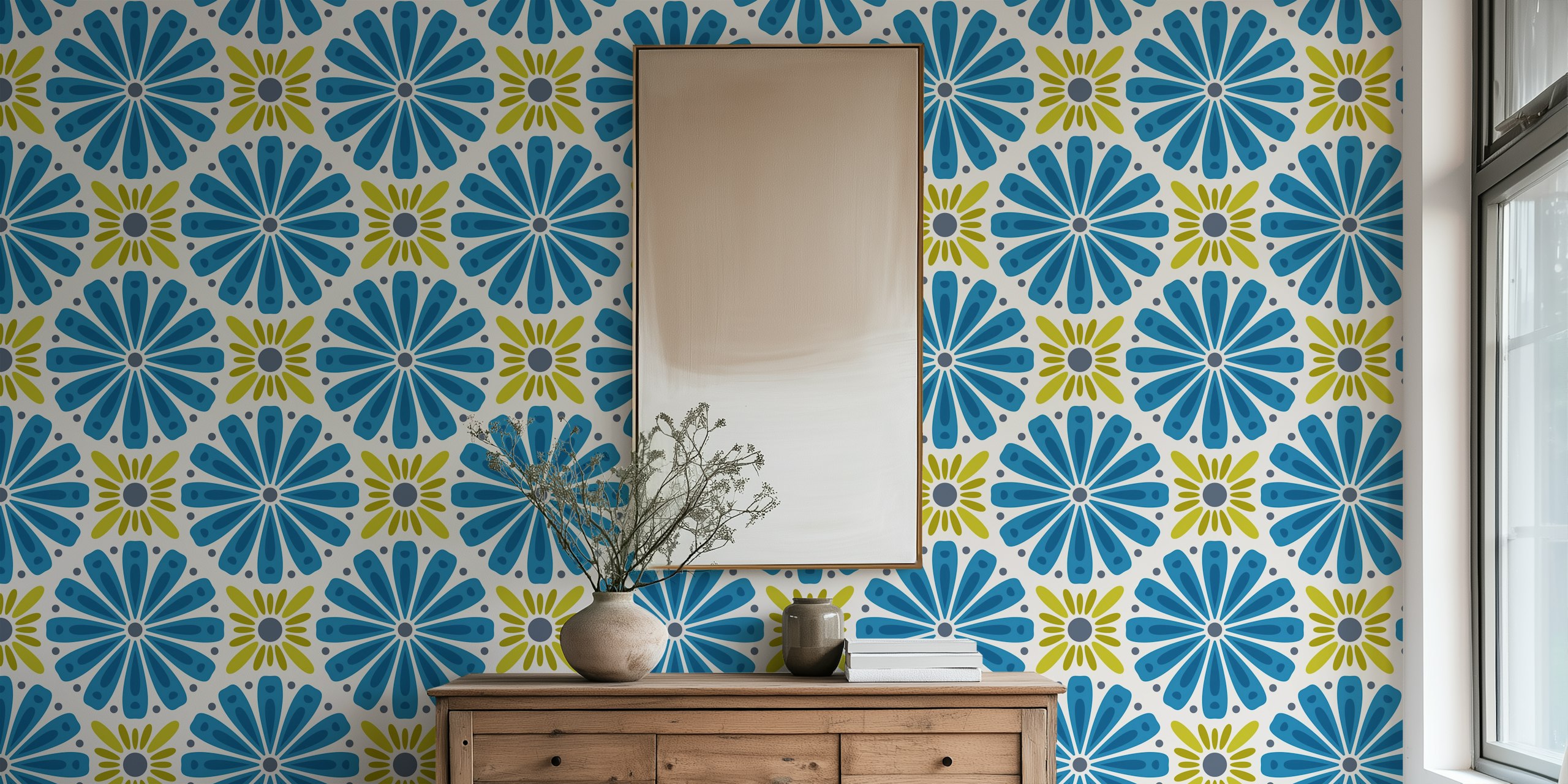 Blue and green floral pattern wallpaper featuring large flowers