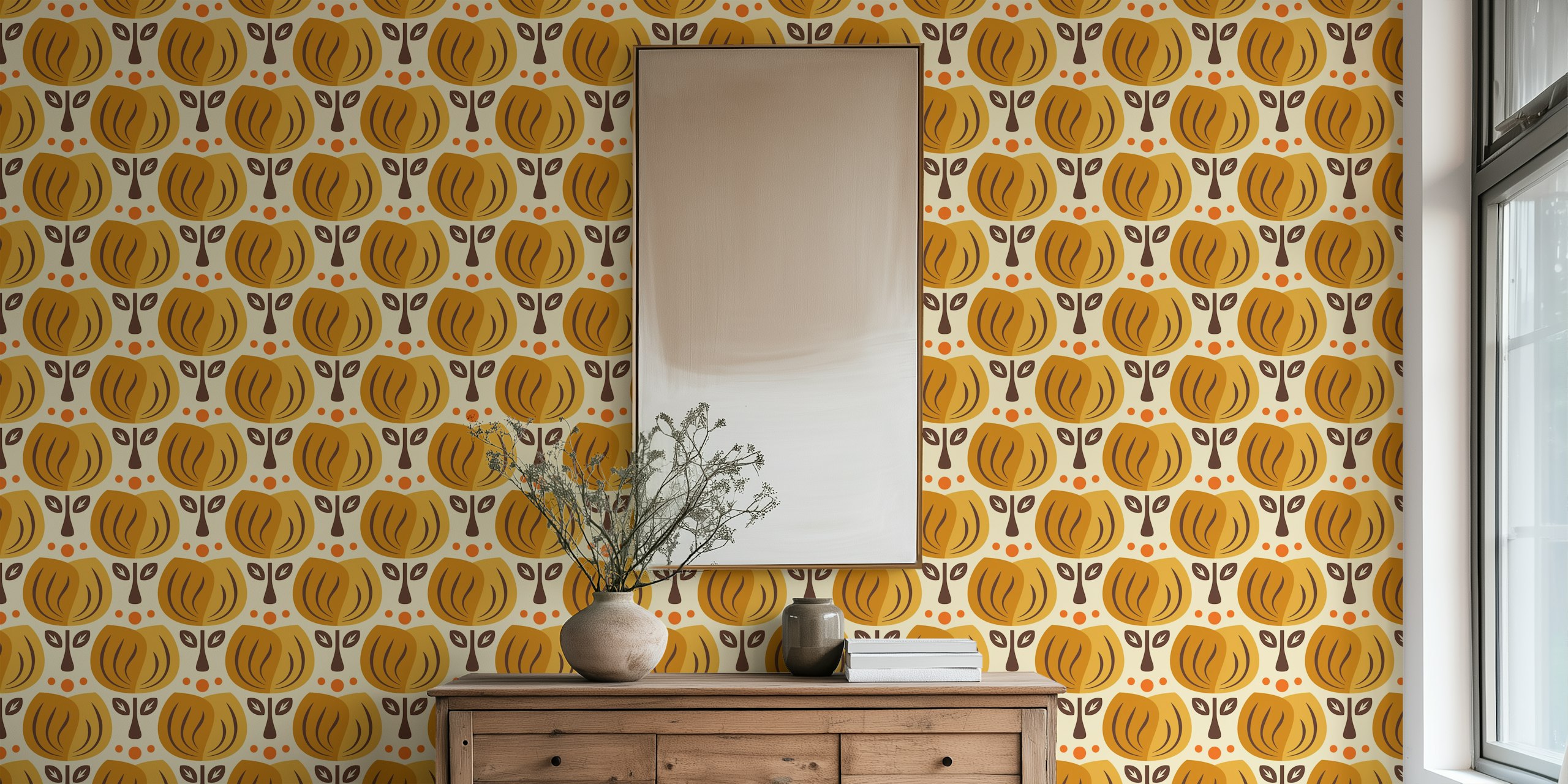 Yellow retro tulip patterned wallpaper with leaves and orange dots