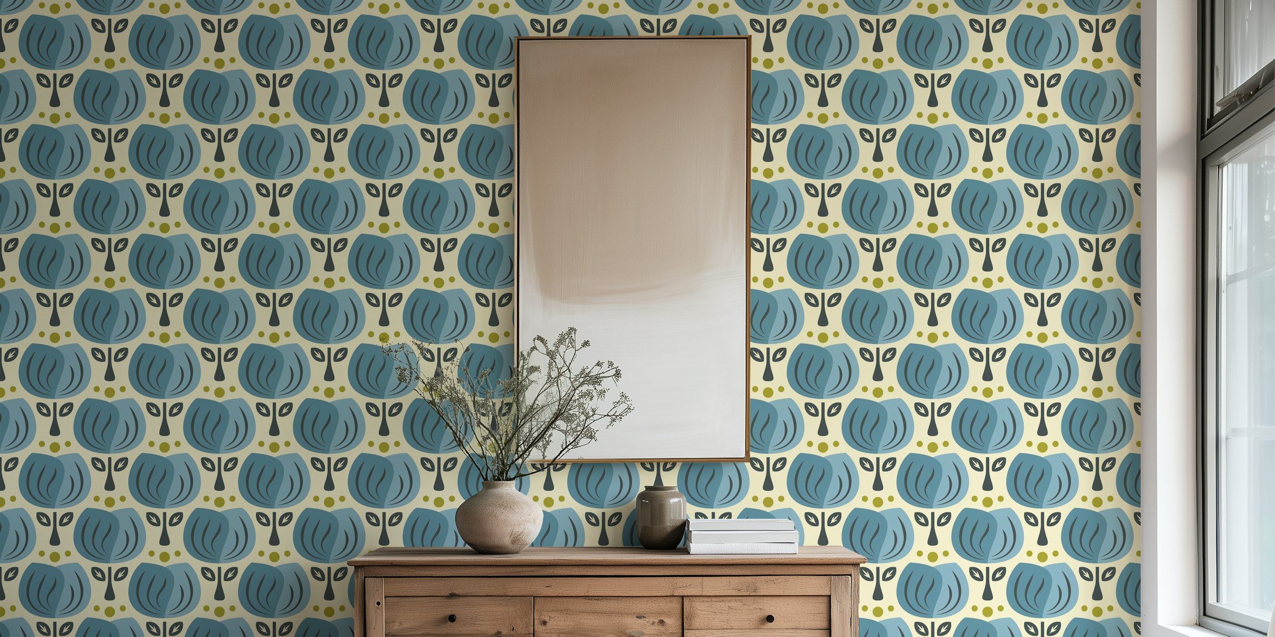 Retro Tulip Elegance in Blue tapetti huoneessa