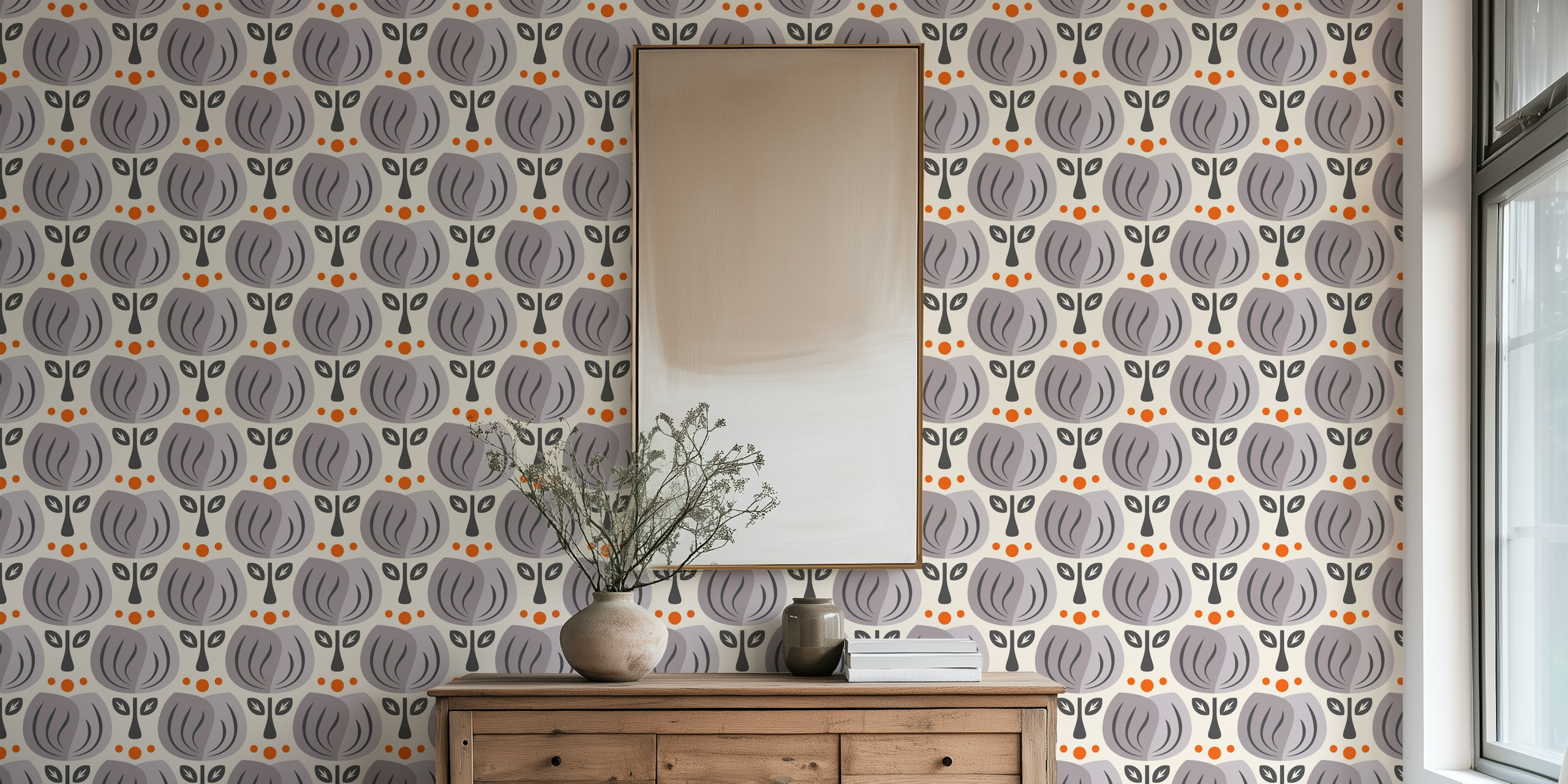papel pintado Retro Tulip Elegance in Gray en una habitación