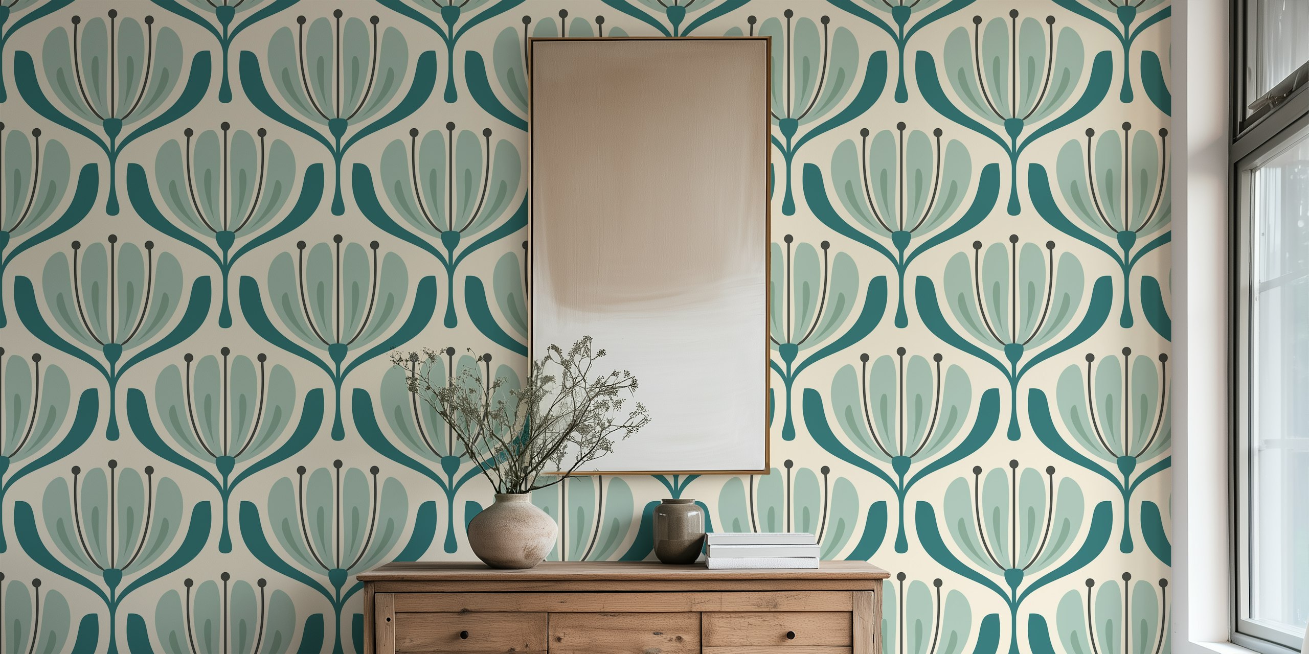 Teal floral pattern with elegant blooms and curves wallpaper
