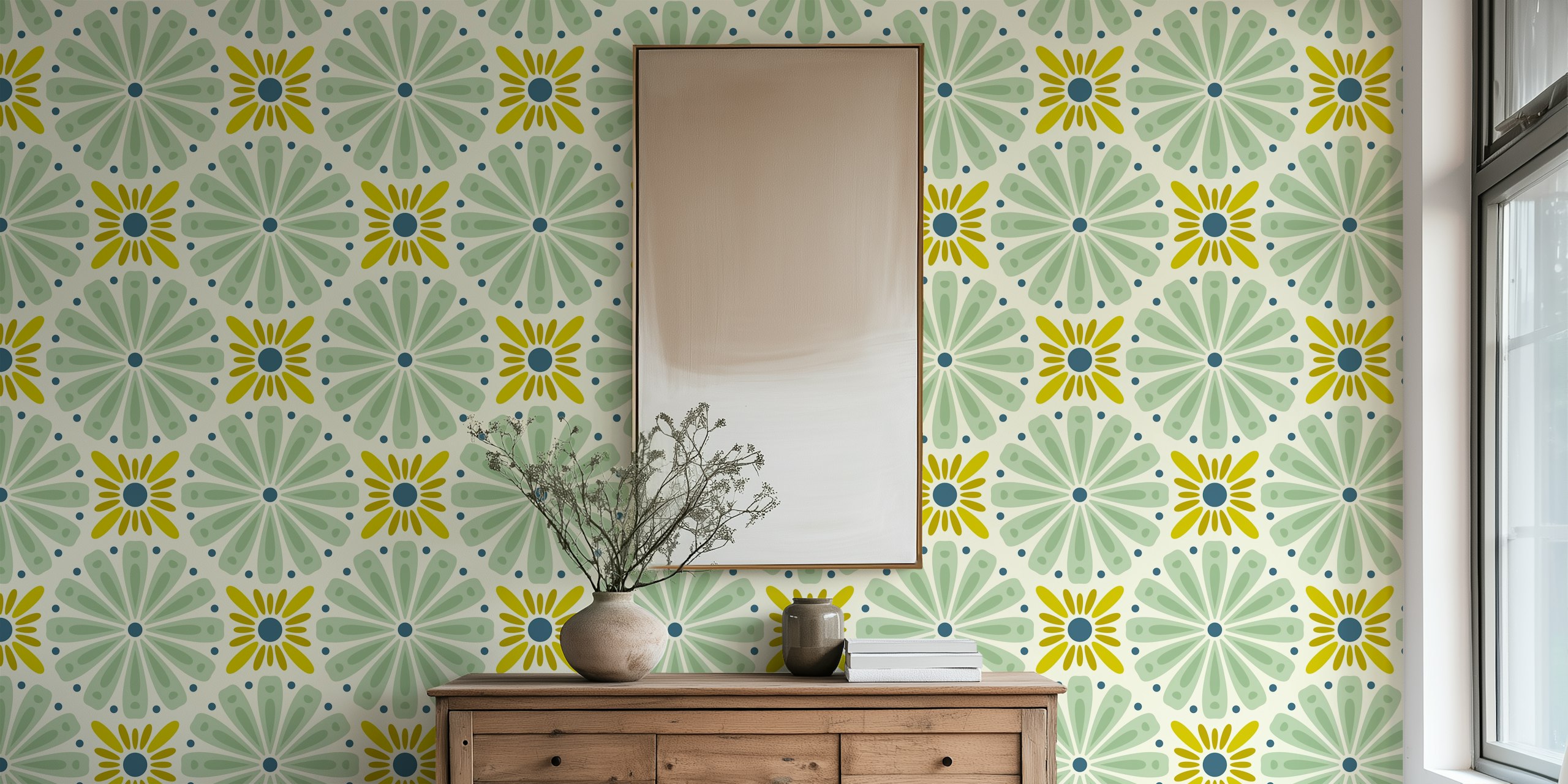Floral pattern with green and yellow flowers on cream background wallpaper