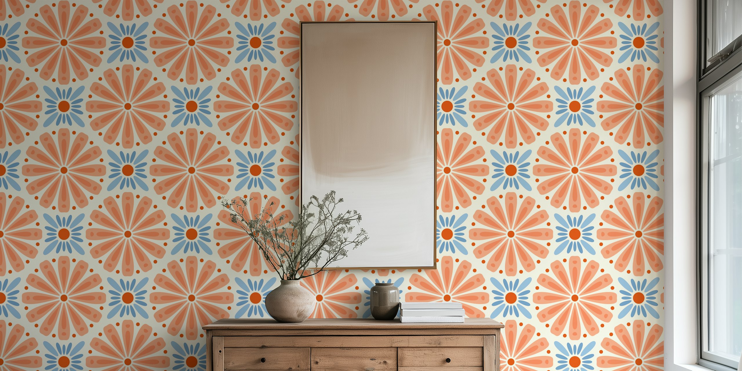 Peach and blue floral pattern wallpaper featuring large flowers
