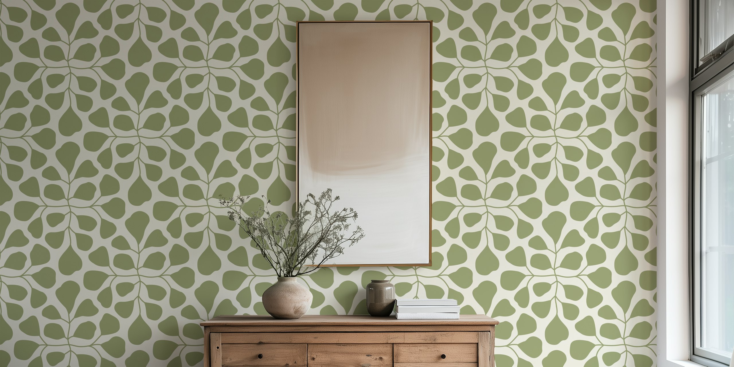 Modern leaves wallpaper in a room setting