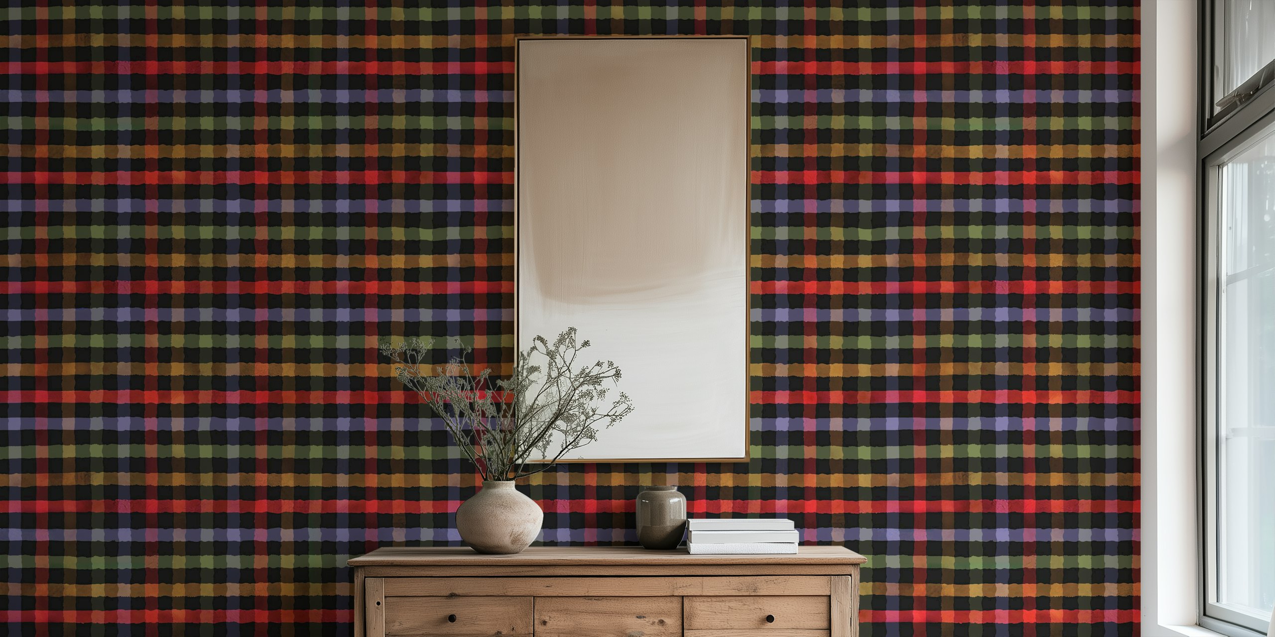 Dempet earthy checkered wallpaper i et rom
