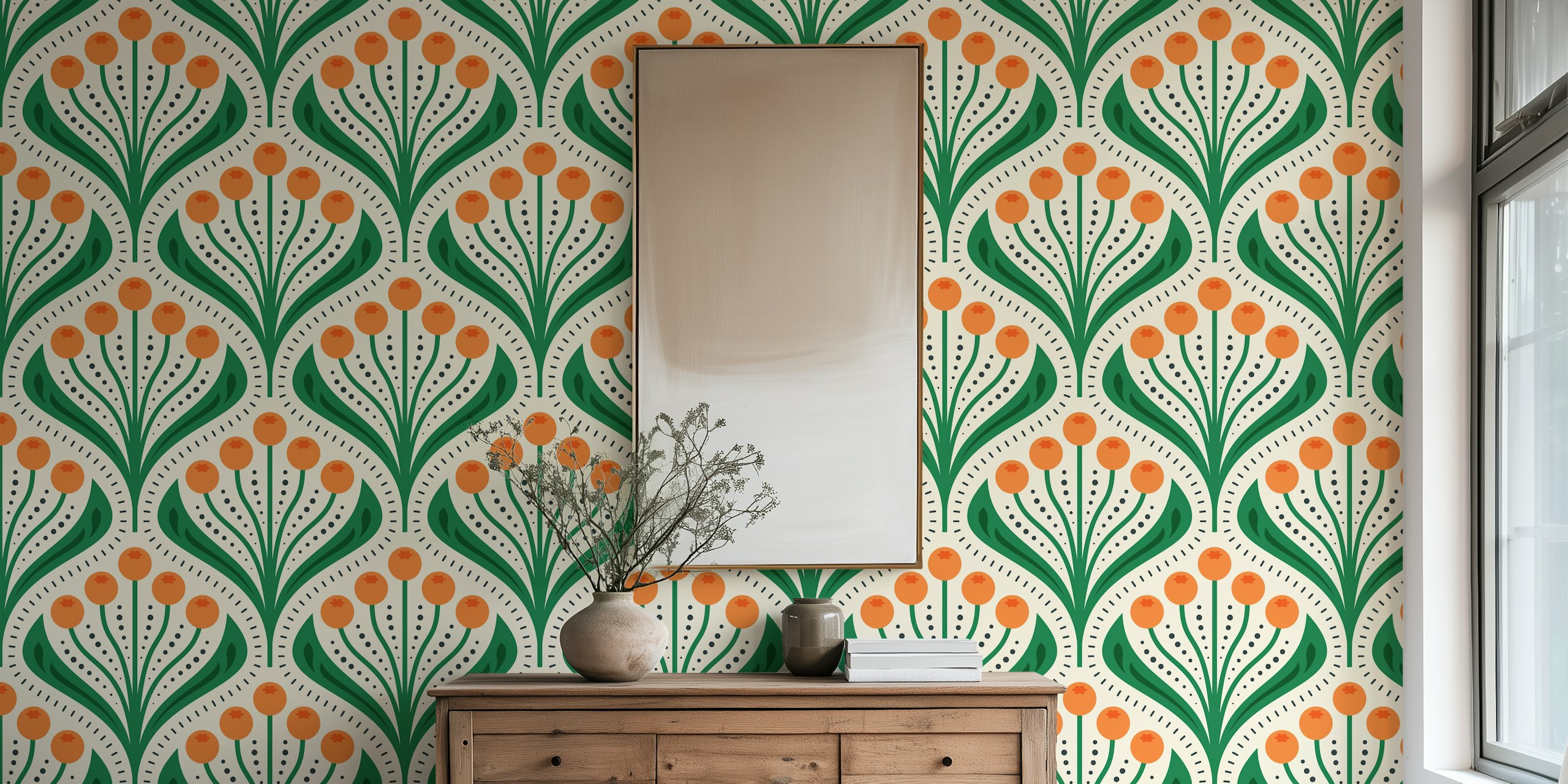 Vibrant floral wallpaper in a room