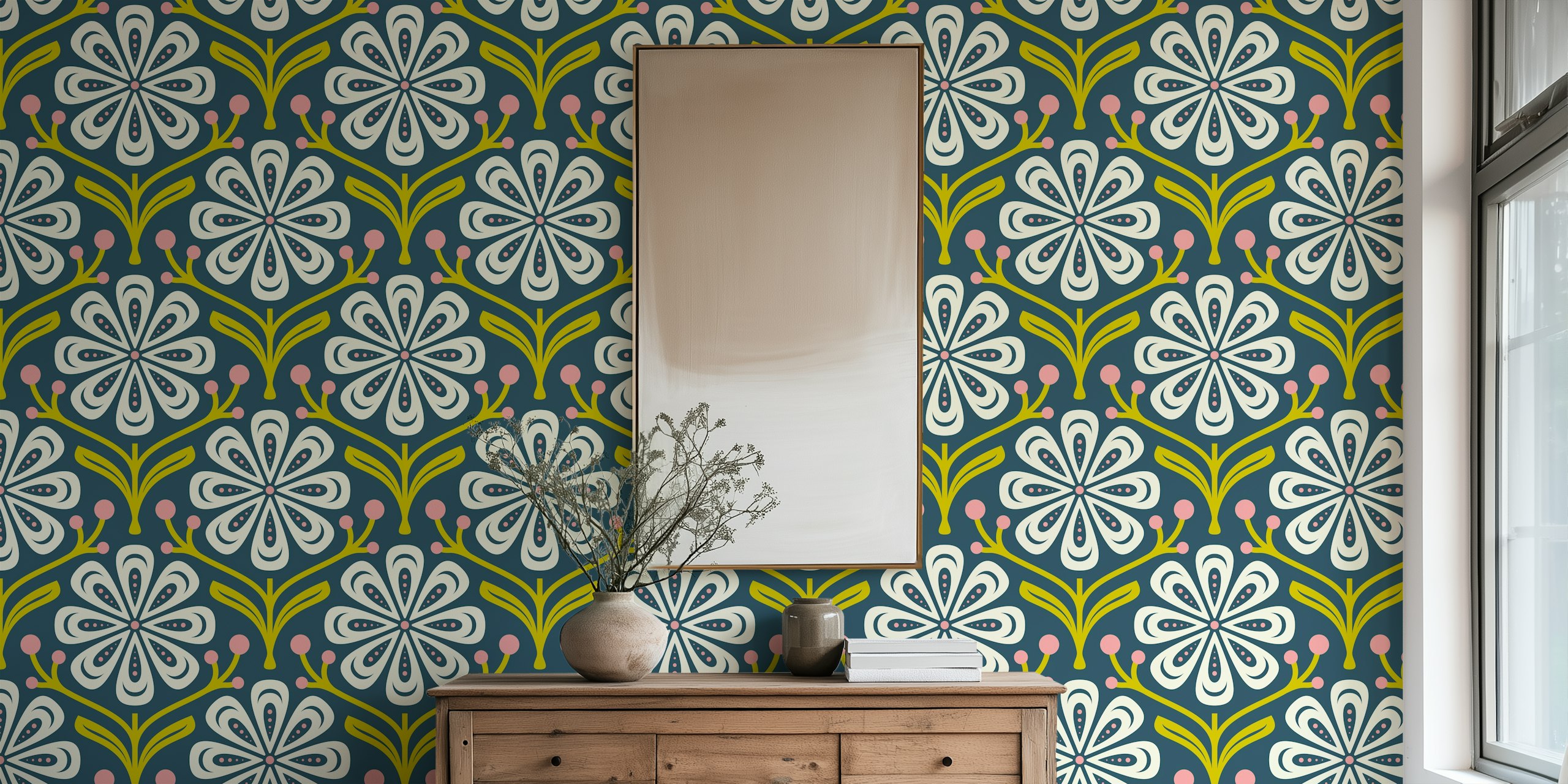 Floral patterns in green and pink on navy background wallpaper