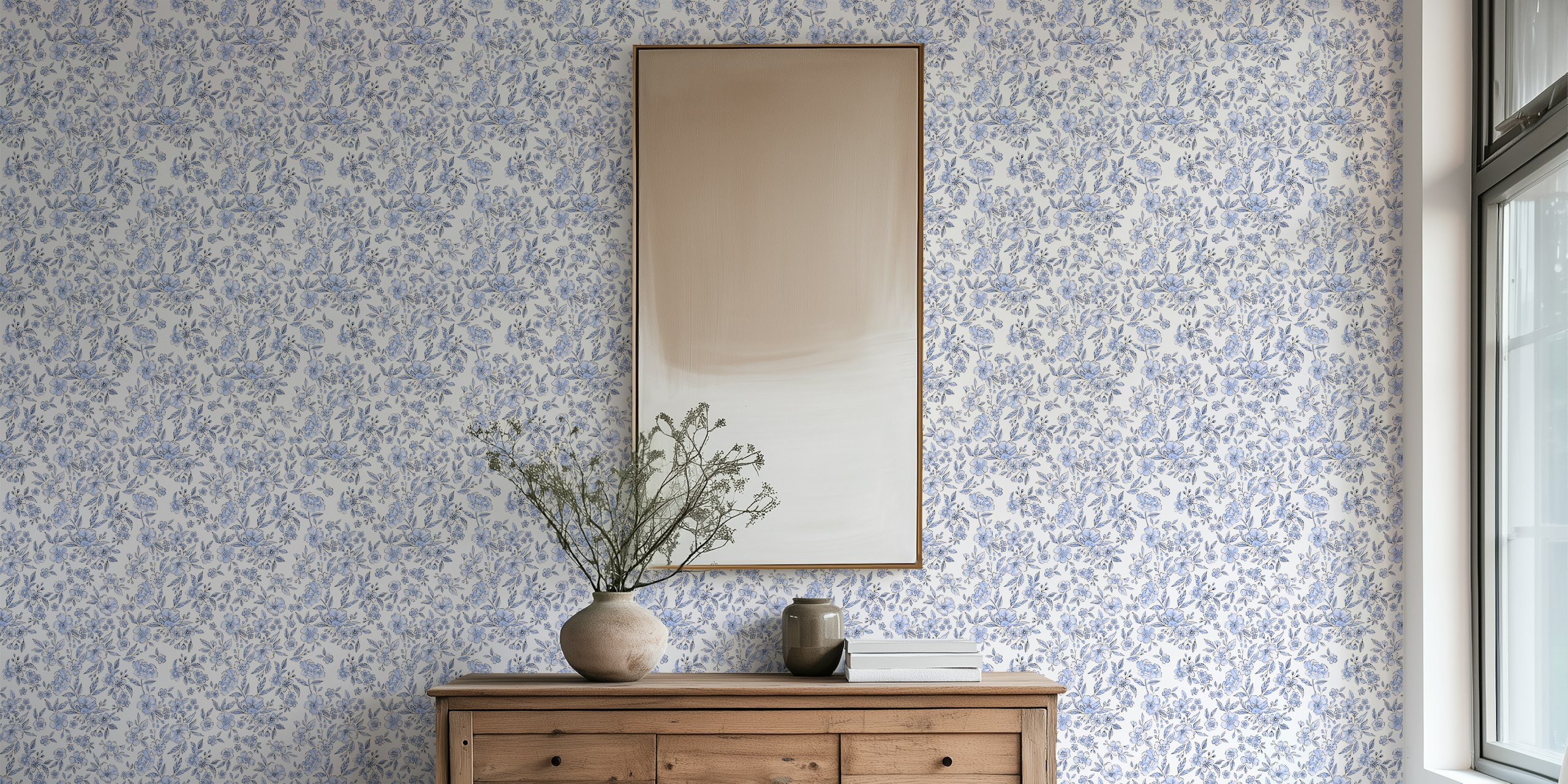 Blue floral pattern featuring various flowers and leaves on a light background wallpaper