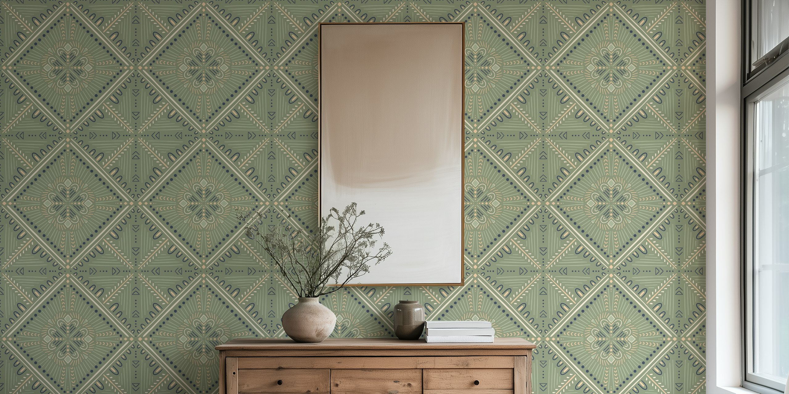 Boho Geometric Tile Sage Green tapet i et rom