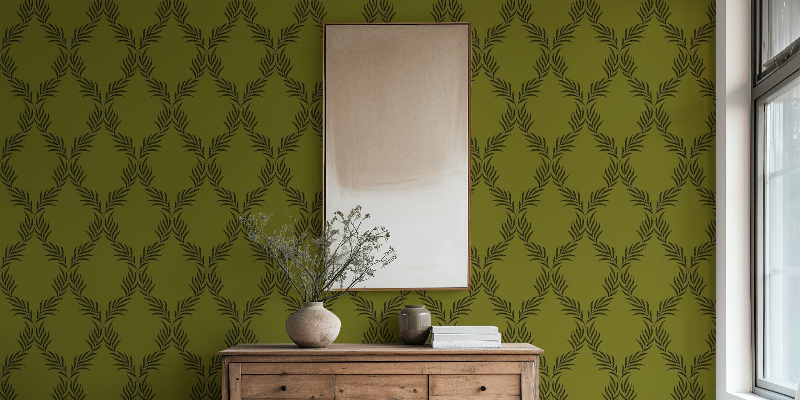 Vintage Lattice Palm Leaf wallpaper in a room